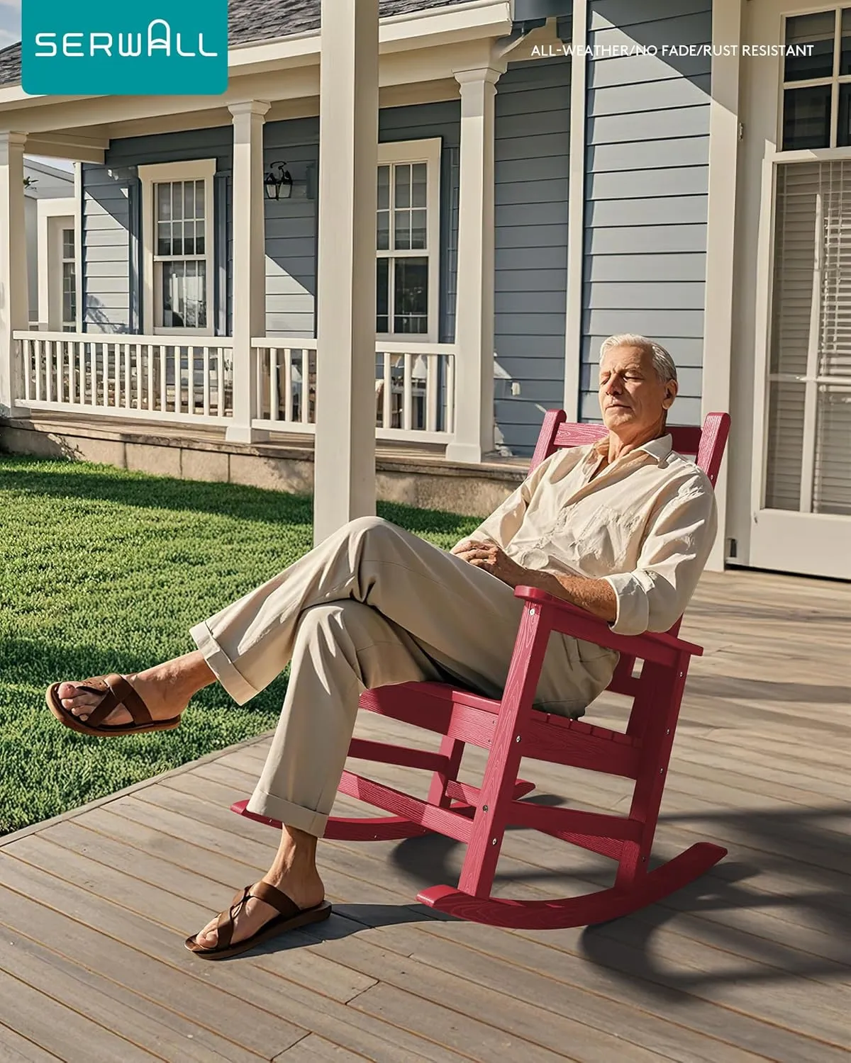 SEWALL HDPE Rocking Chair, Oversized Outdoor Rocking Chair for Adults, Patio Rocking Chairs for Porch, Red