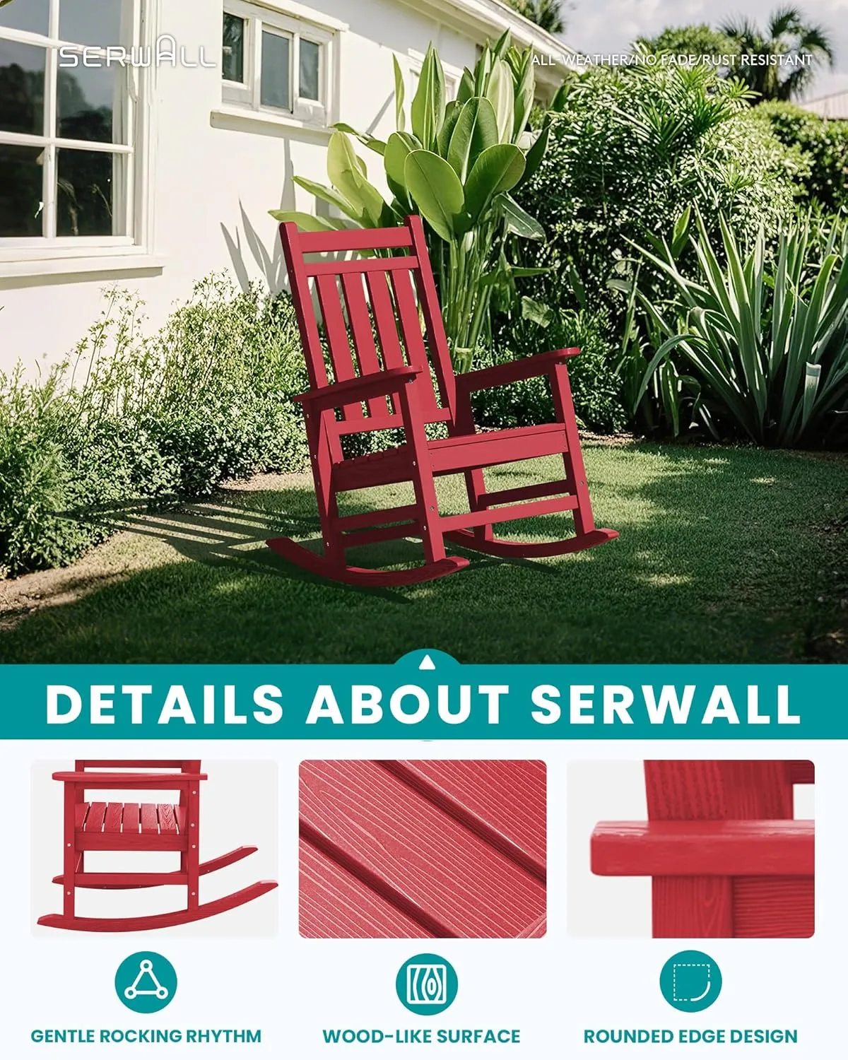 SEWALL HDPE Rocking Chair, Oversized Outdoor Rocking Chair for Adults, Patio Rocking Chairs for Porch, Red
