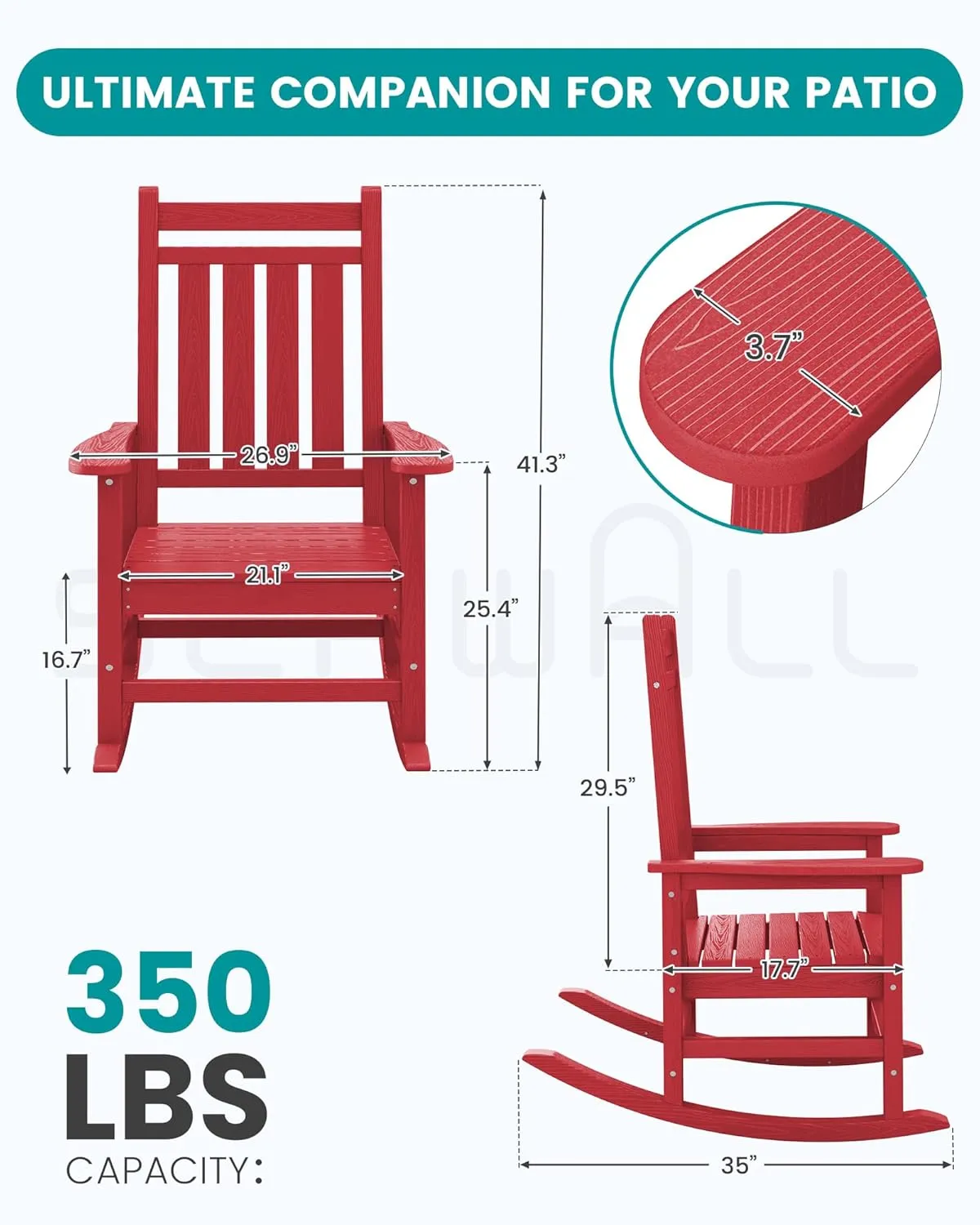 SEWALL HDPE Rocking Chair, Oversized Outdoor Rocking Chair for Adults, Patio Rocking Chairs for Porch, Red