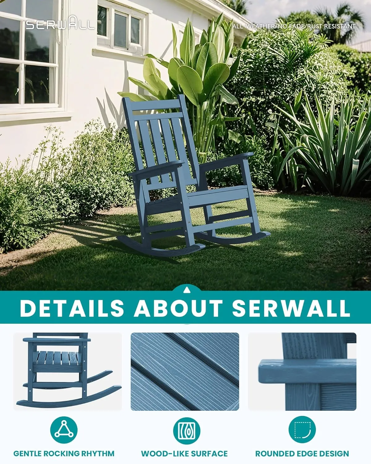 SEWALL Oversized Outdoor Rocking Chair Set of 2, HDPE Rocking Chair for Adults, Patio Rocking Chairs for Porch, Blue