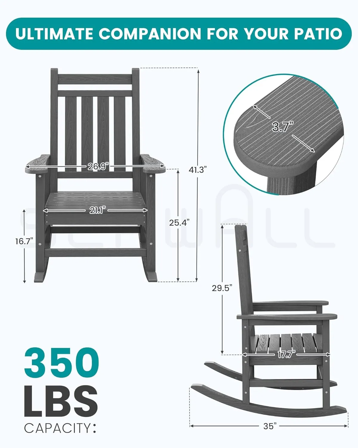 SEWALL Oversized Outdoor Rocking Chair Set of 2, HDPE Rocking Chair for Adults, Patio Rocking Chairs for Porch, Grey