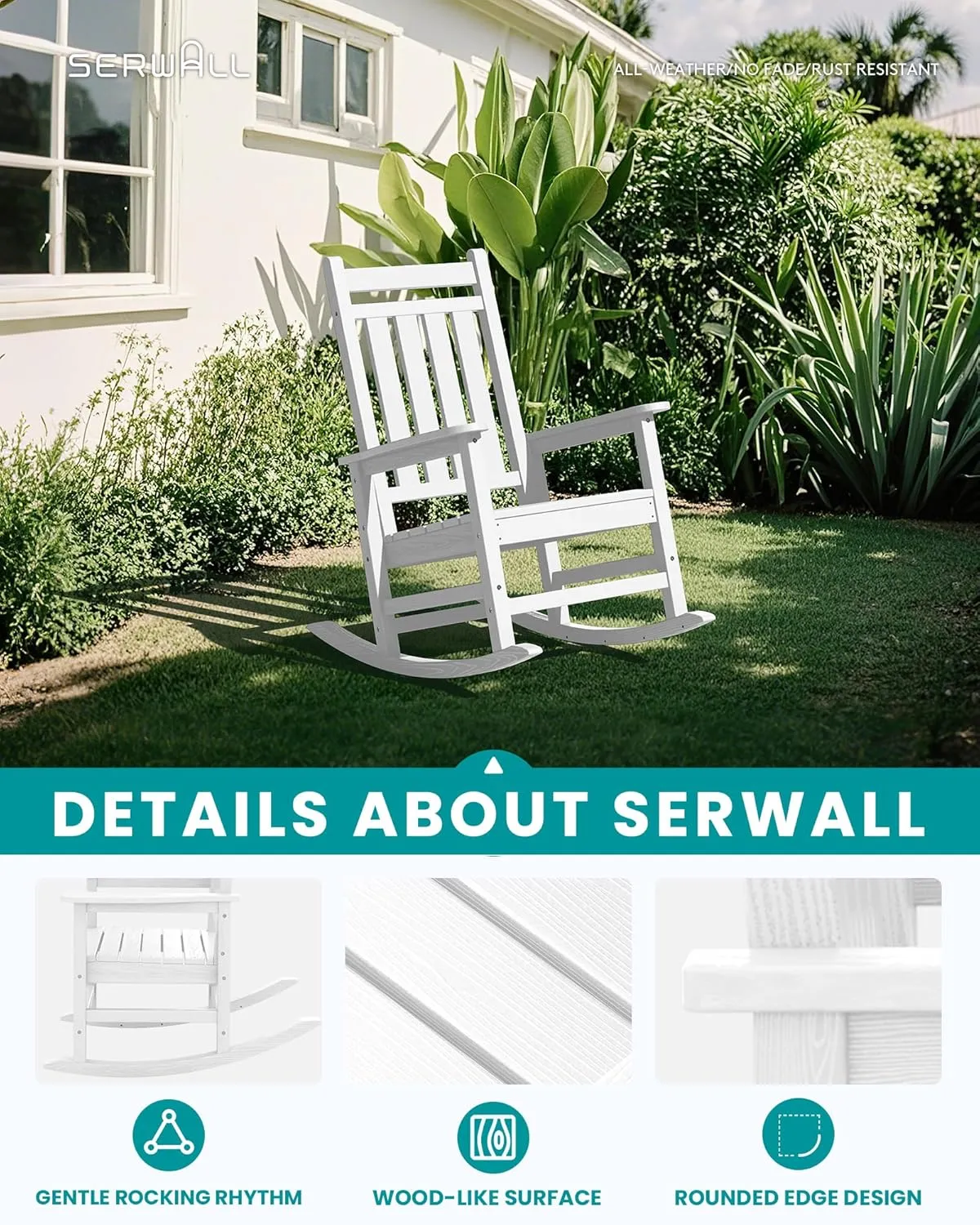 SEWALL Oversized Outdoor Rocking Chair Set of 4, HDPE Rocking Chair for Adults, Patio Rocking Chairs for Porch, White