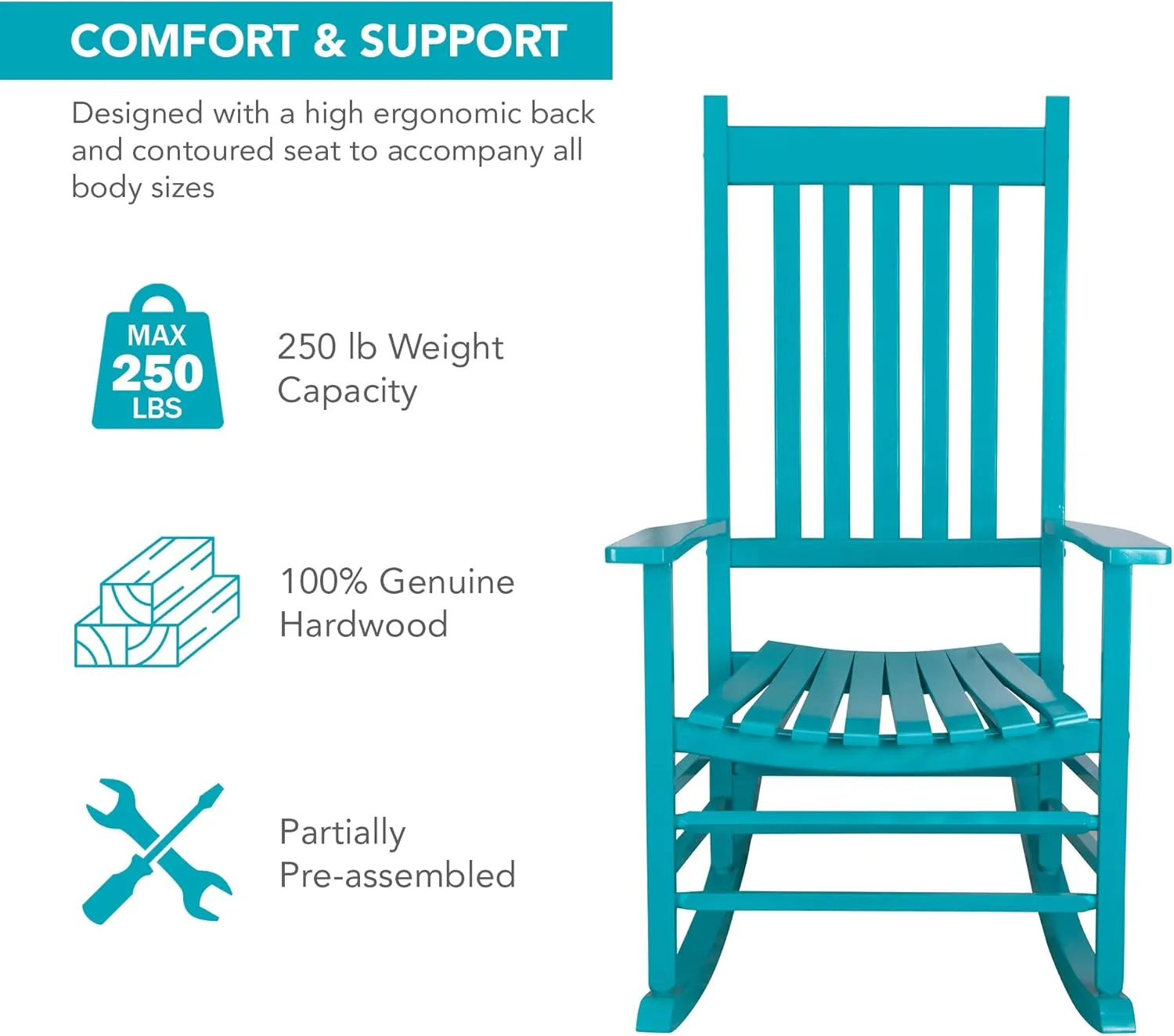 Shine Company Vermont Porch Rocker, High Back Wood Rocking Chair, Aruba