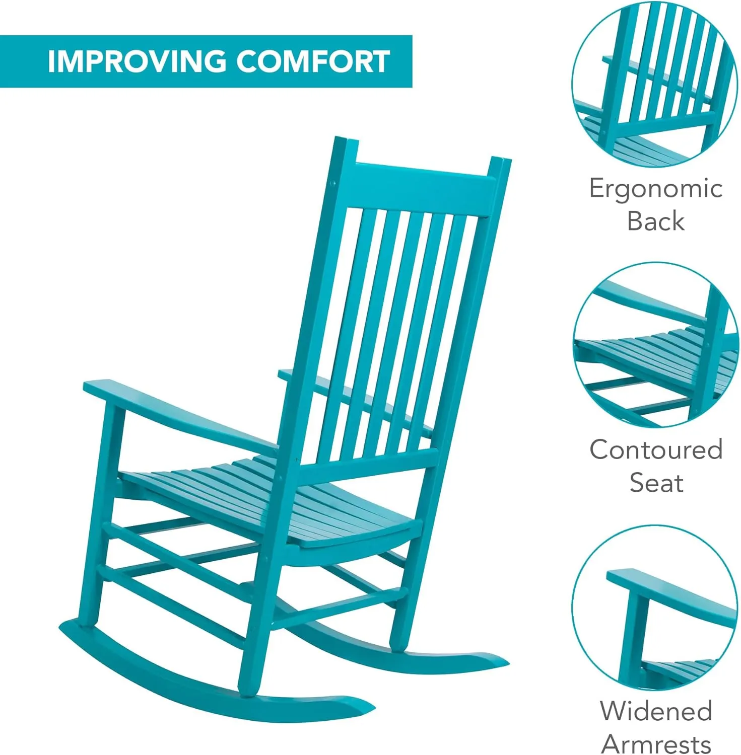 Shine Company Vermont Porch Rocker, High Back Wood Rocking Chair, Aruba