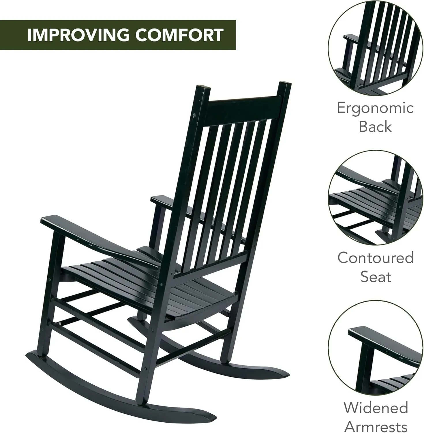 Shine Company Vermont Porch Rocker, High Back Wood Rocking Chair, Dark Green