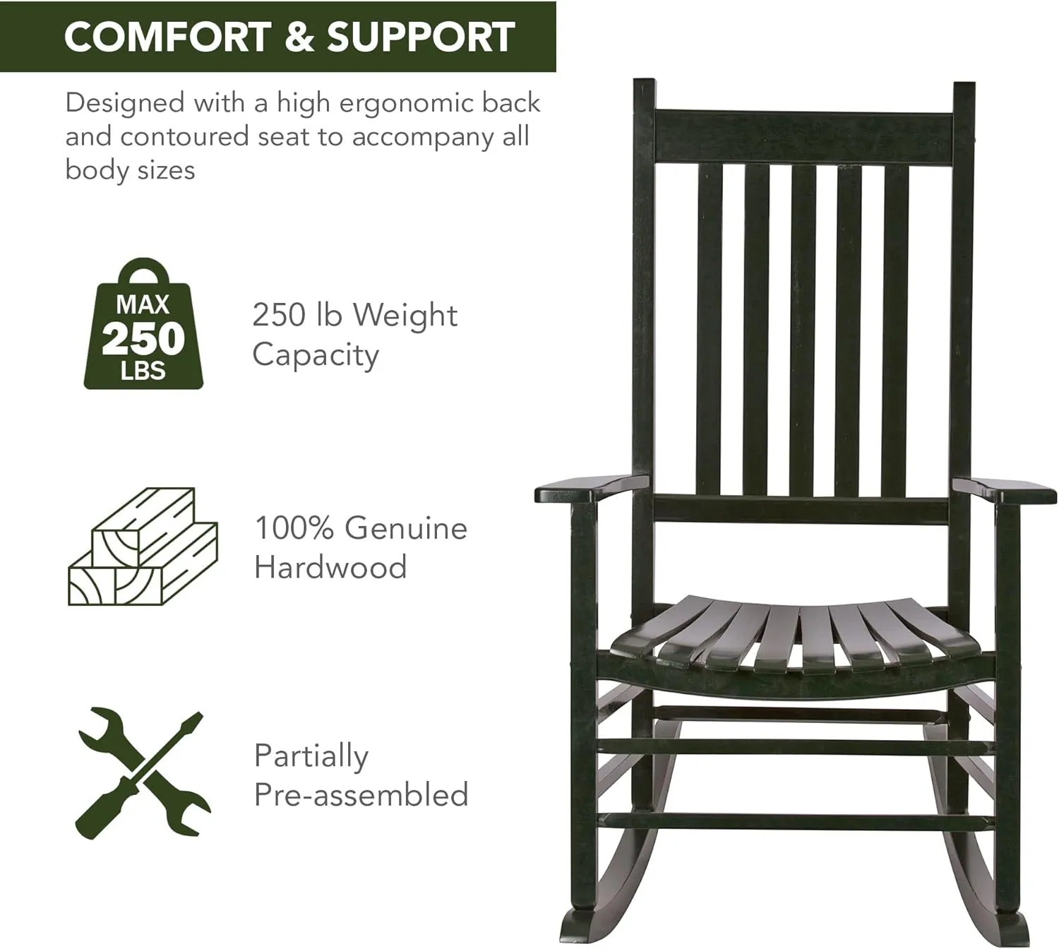 Shine Company Vermont Porch Rocker, High Back Wood Rocking Chair, Dark Green