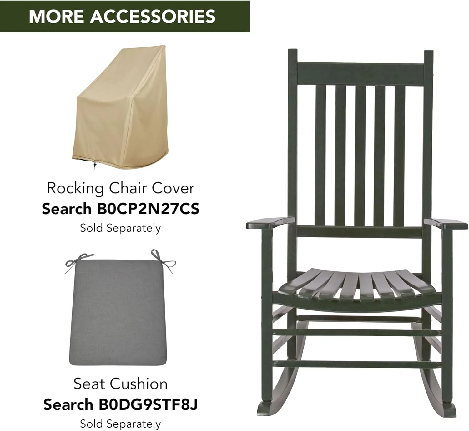 Shine Company Vermont Porch Rocker, High Back Wood Rocking Chair, Dark Green