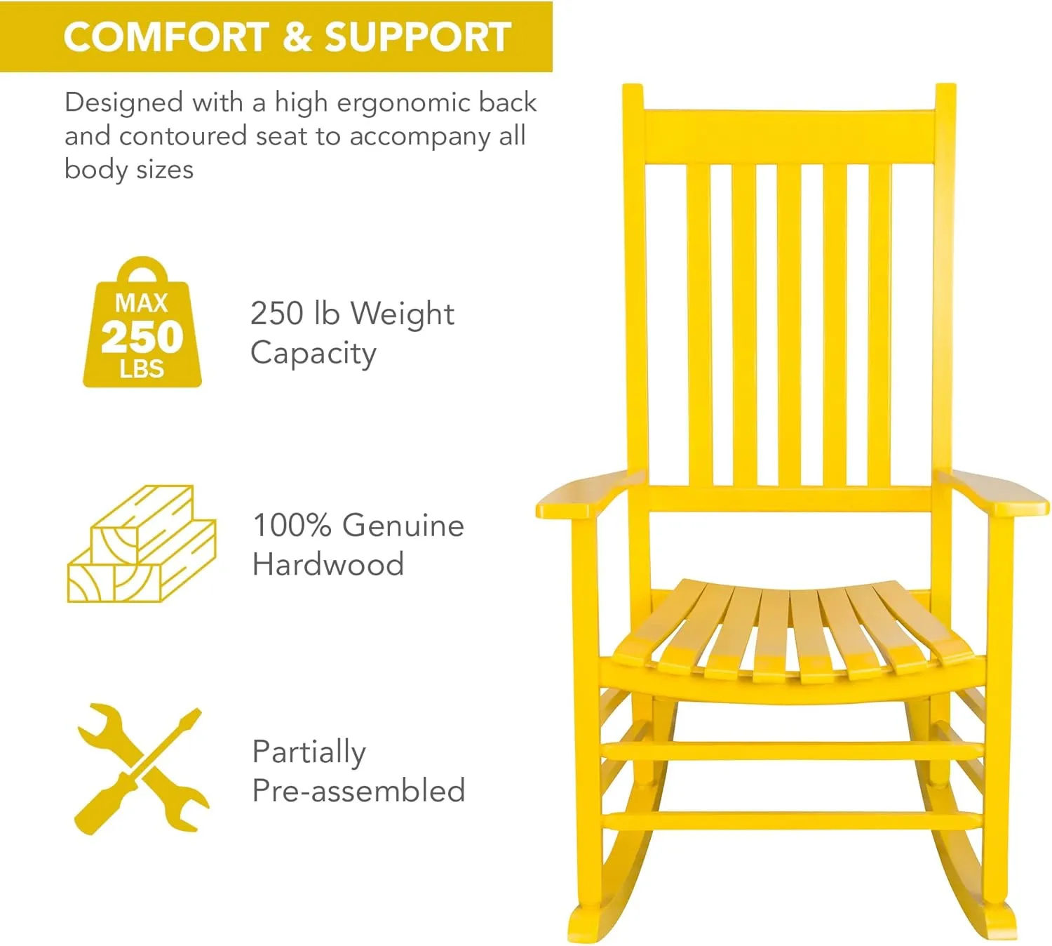Shine Company Vermont Porch Rocker, High Back Wood Rocking Chair, Lemon