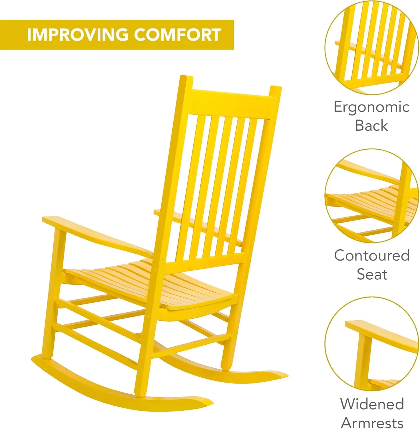 Shine Company Vermont Porch Rocker, High Back Wood Rocking Chair, Lemon