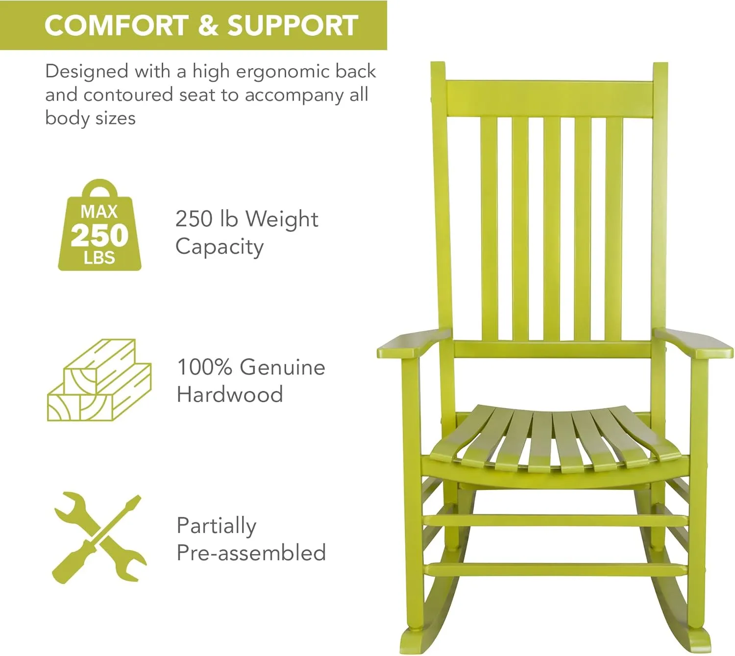 Shine Company Vermont Porch Rocker, High Back Wood Rocking Chair, Lime