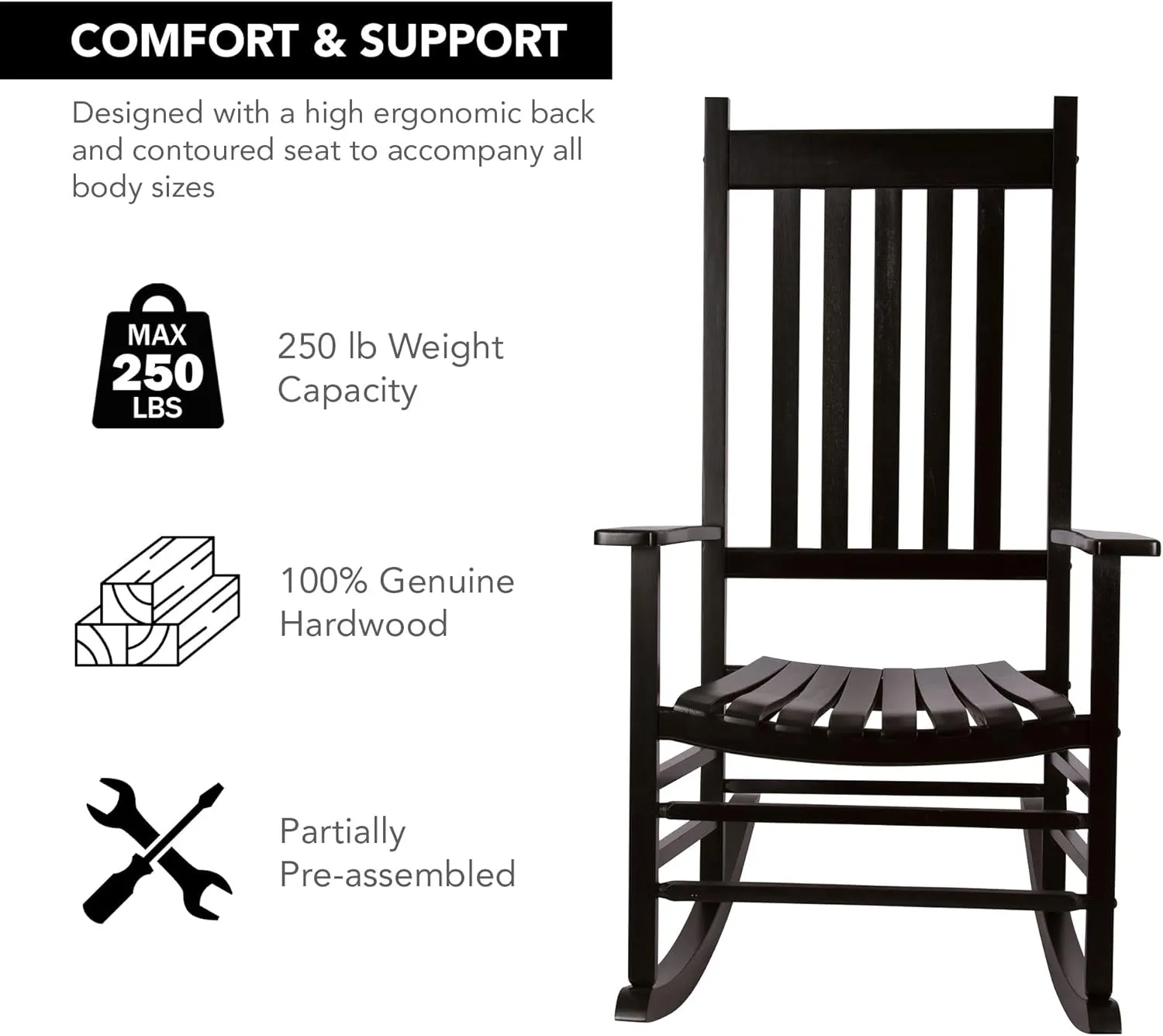 Shine Company Vermont Rocking Chairs, Outdoor Front Porch Rocker Set of 2, Black