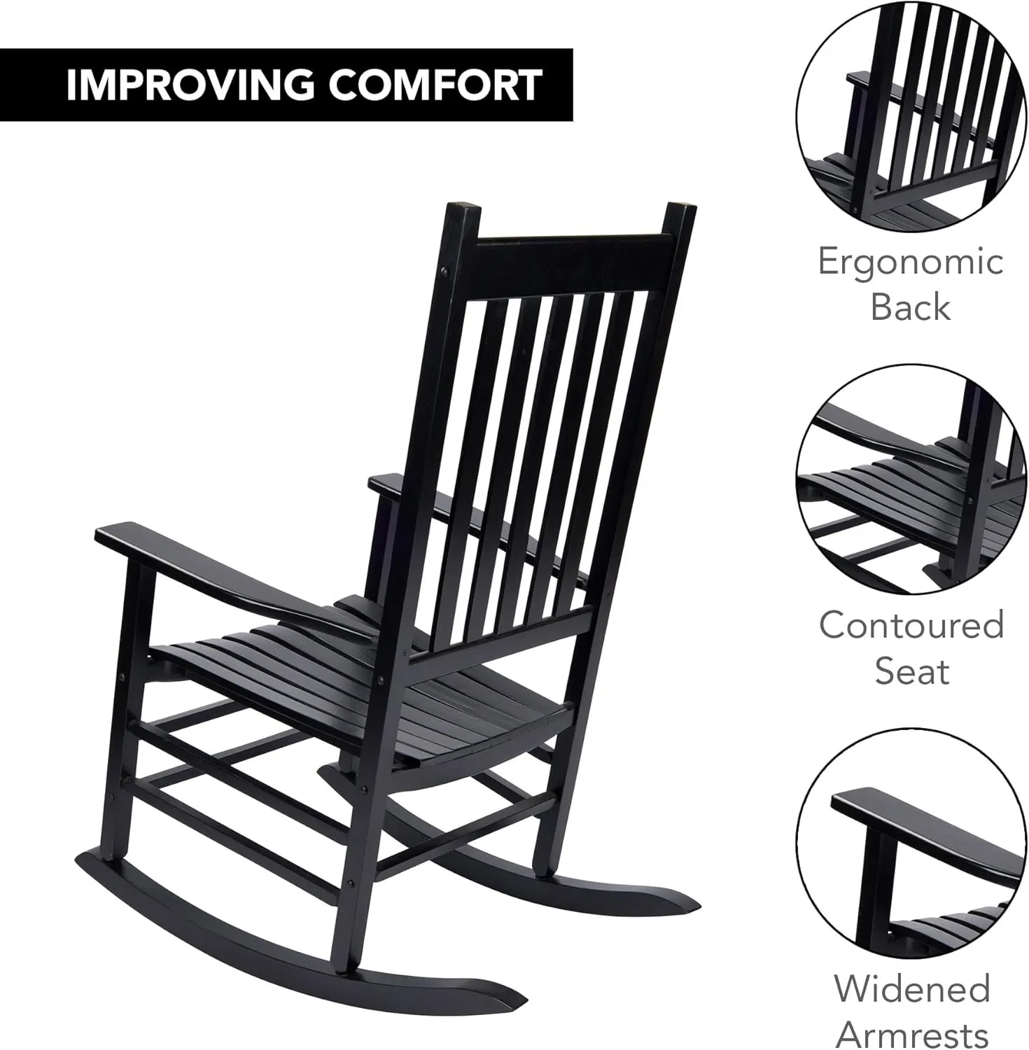 Shine Company Vermont Rocking Chairs, Outdoor Front Porch Rocker Set of 2, Black