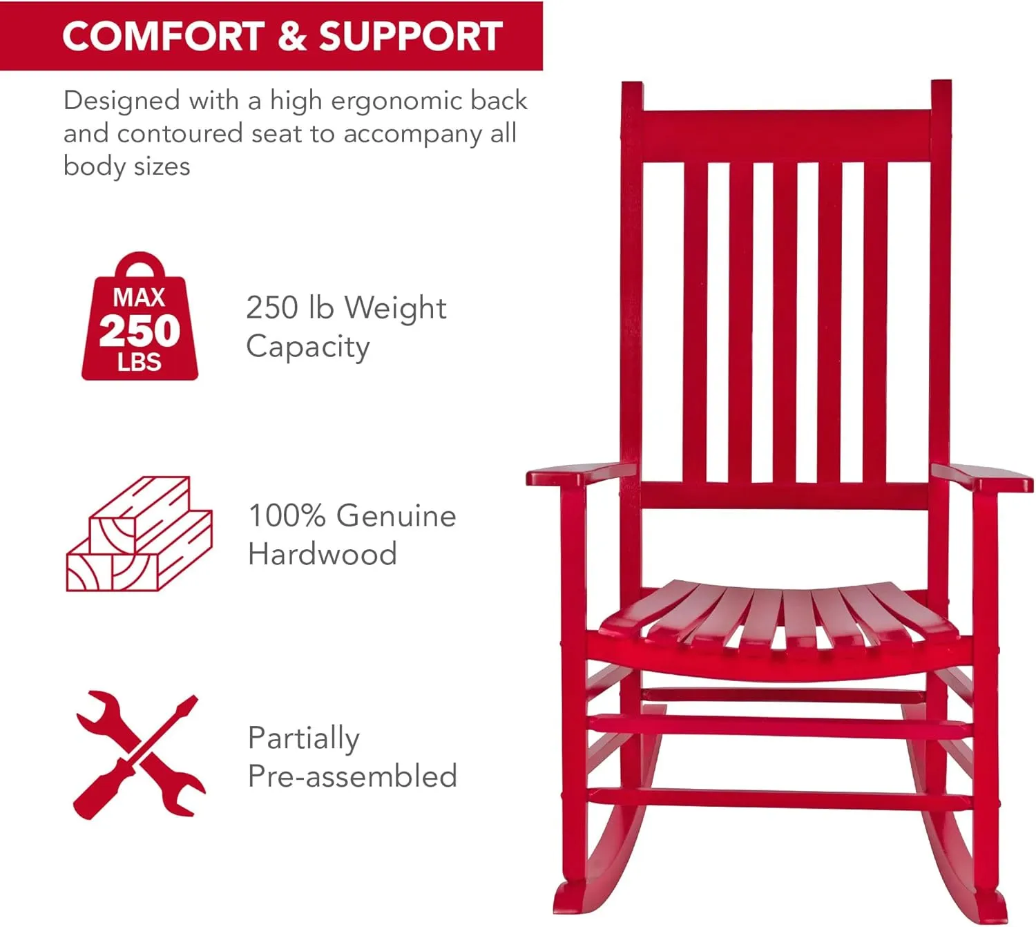 Shine Company Vermont Rocking Chairs, Outdoor Front Porch Rocker Set of 2, Chili Pepper