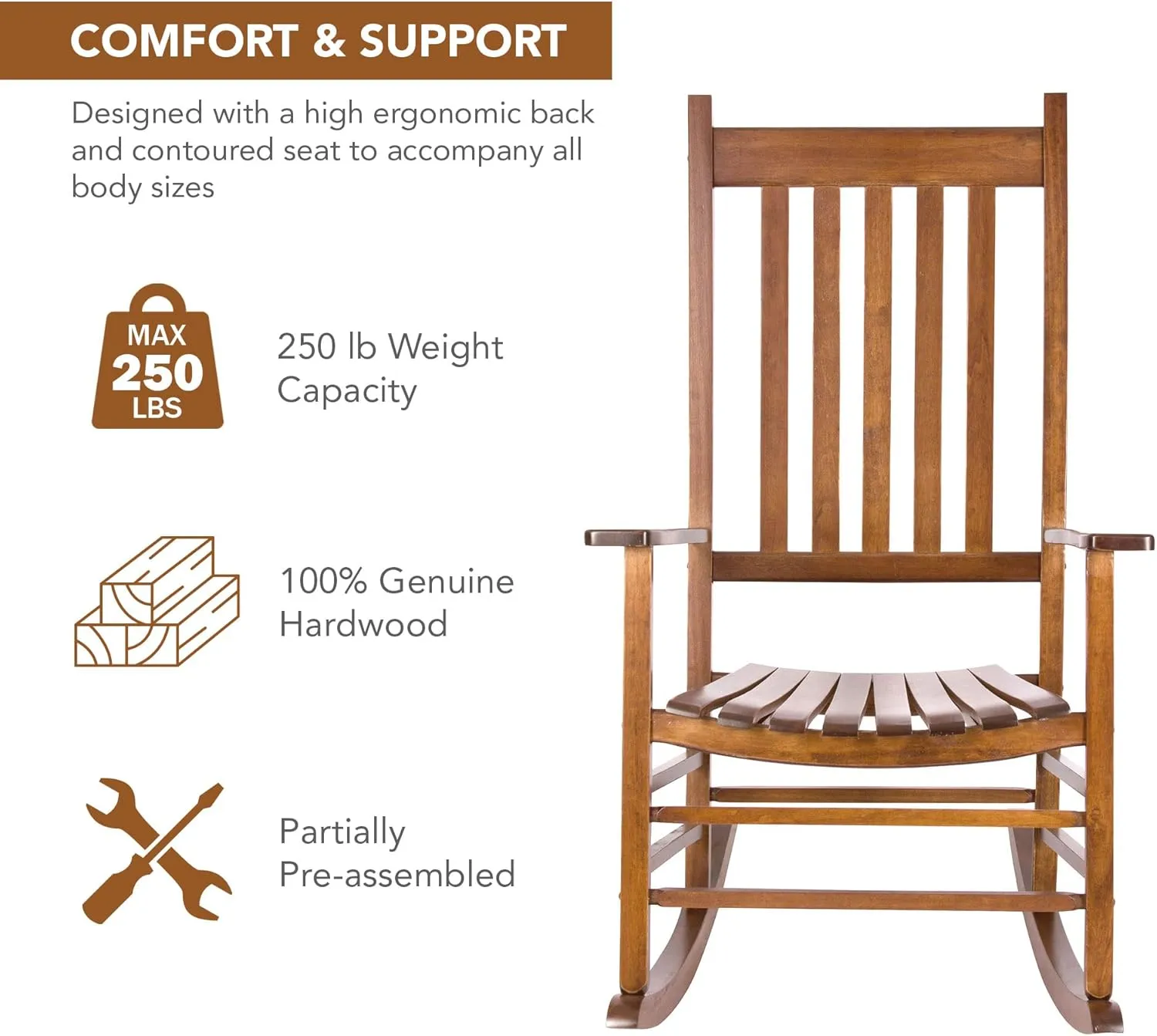 Shine Company Vermont Rocking Chairs, Outdoor Front Porch Rocker Set of 2, Oak