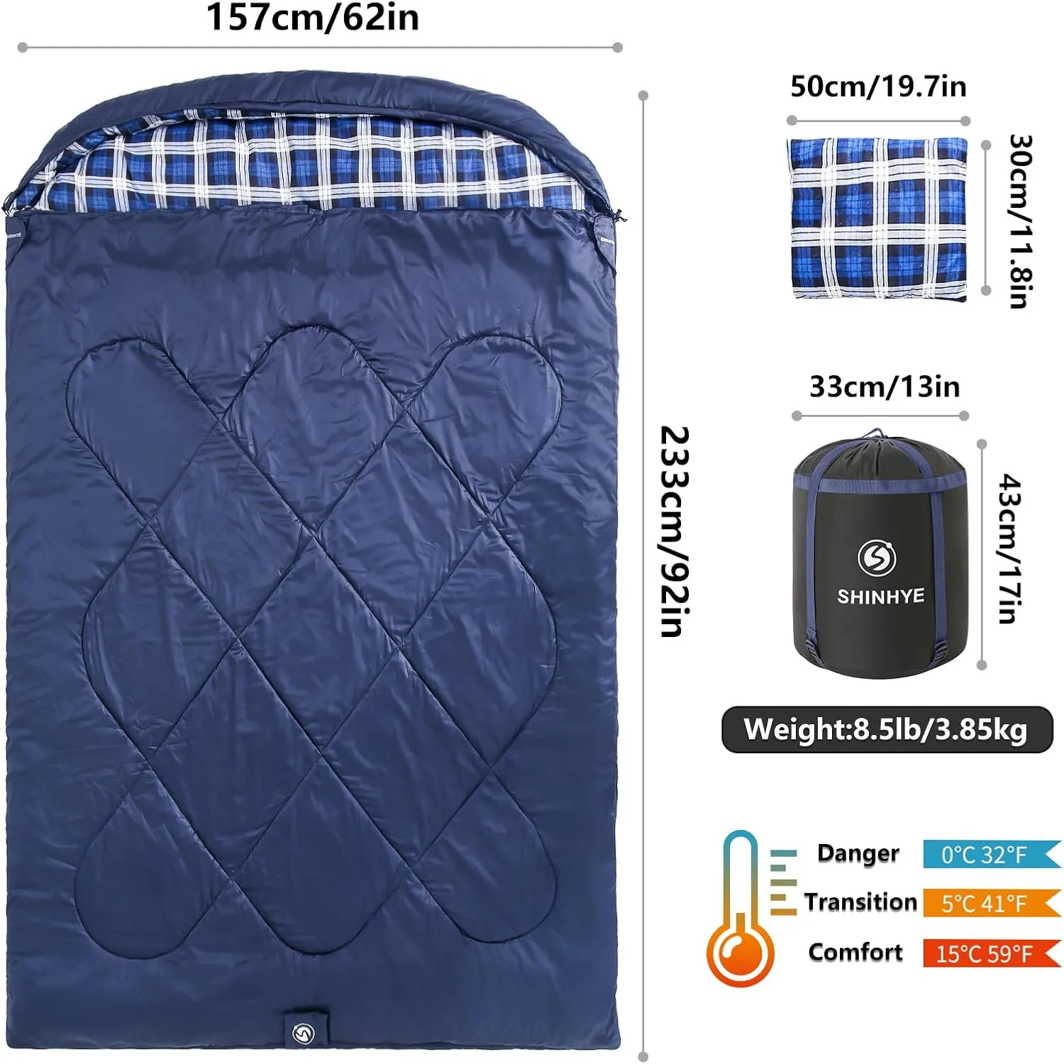 ShinHye Double Sleeping Bag for Adults with 2 Pillows, Camping Sleeping Bags Flannel Cotton 2 Person Sleeping Bags XXL Queen Size Sleeping Bag for Cold Weather