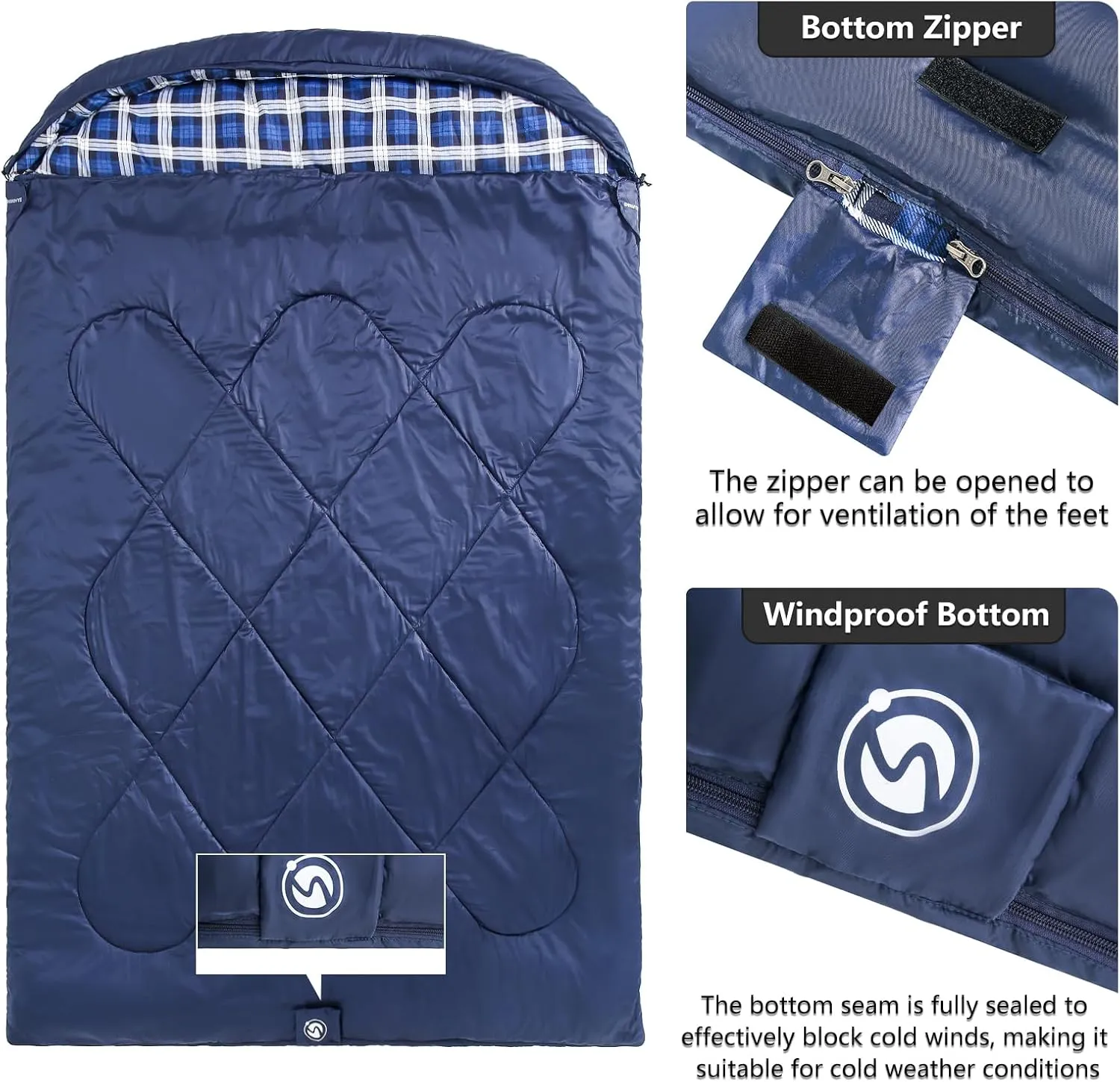 ShinHye Double Sleeping Bag for Adults with 2 Pillows, Camping Sleeping Bags Flannel Cotton 2 Person Sleeping Bags XXL Queen Size Sleeping Bag for Cold Weather