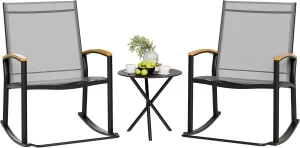 Shintenchi 3 Piece Outdoor Rocking Bistro Set, Textilene Fabric Small Patio Furniture Set, Front Porch Rocker Chairs Conversation Set with Table for Lawn, Garden, Balcony, Poolside (Light Gray)