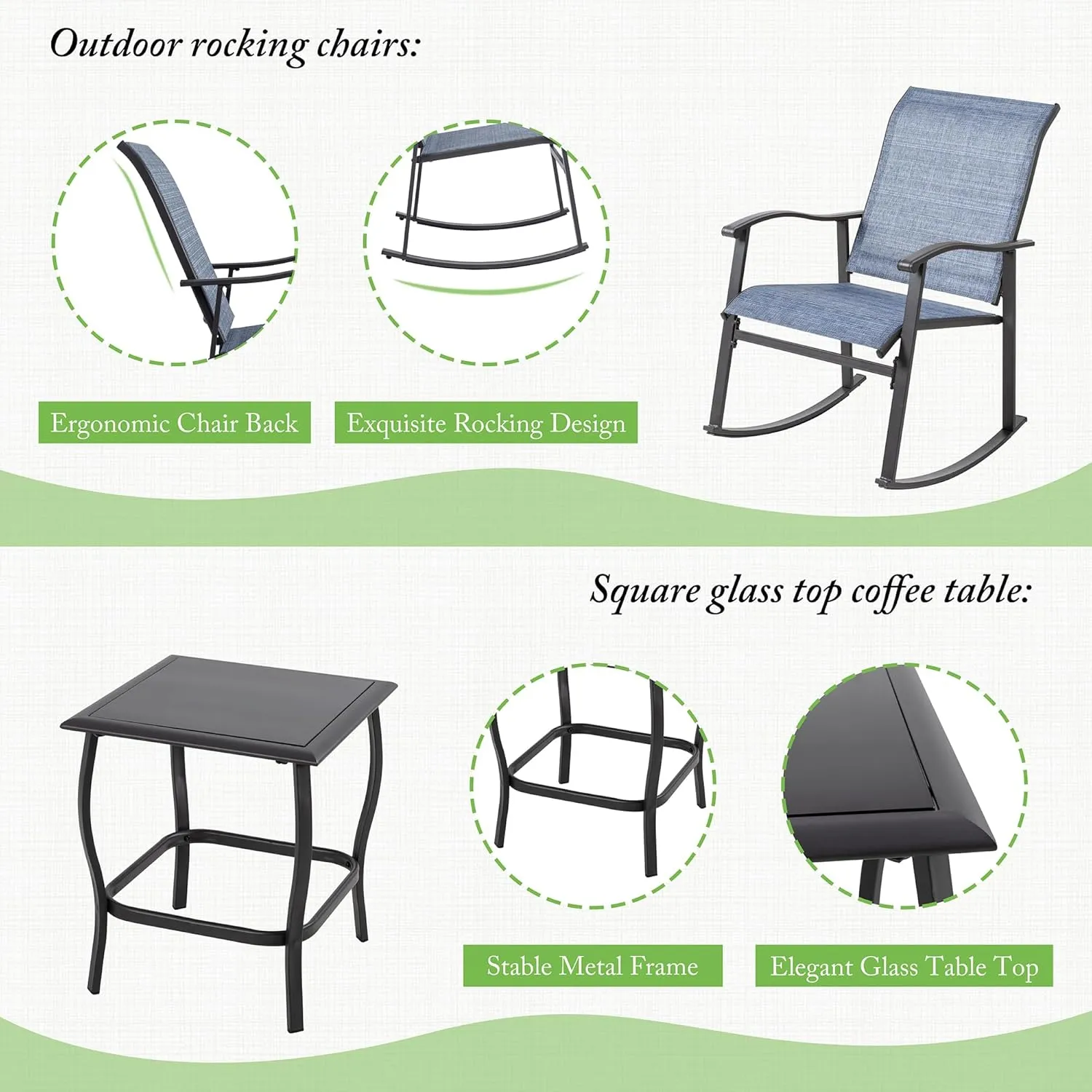 Shintenchi Rocking Chair Outdoor with Table, 3 Piece Rocking Patio Bistro Set, Outdoor Furniture Set with Metal Frame and Textilene Fabric for Small Space, Dark Blue