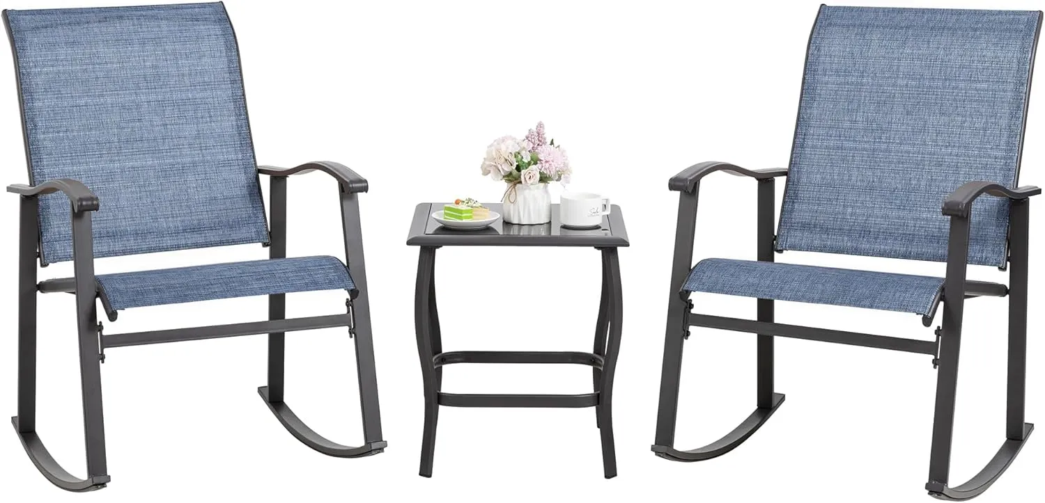 Shintenchi Rocking Chair Outdoor with Table, 3 Piece Rocking Patio Bistro Set, Outdoor Furniture Set with Metal Frame and Textilene Fabric for Small Space, Dark Blue