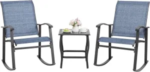 Shintenchi Rocking Chair Outdoor with Table, 3 Piece Rocking Patio Bistro Set, Outdoor Furniture Set with Metal Frame and Textilene Fabric for Small Space, Dark Blue