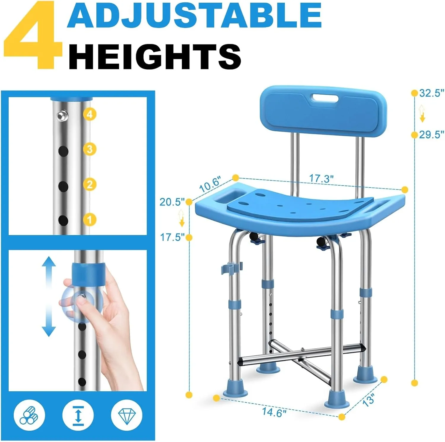 Shower Chair for Inside Shower, Crossbar Supports Bath Chair with Removable Back, Heavy Duty Padded Anti-Slip Shower Seat Adjustable Height Stool Bench for Elderly, Senior, Handicap & Disabled
