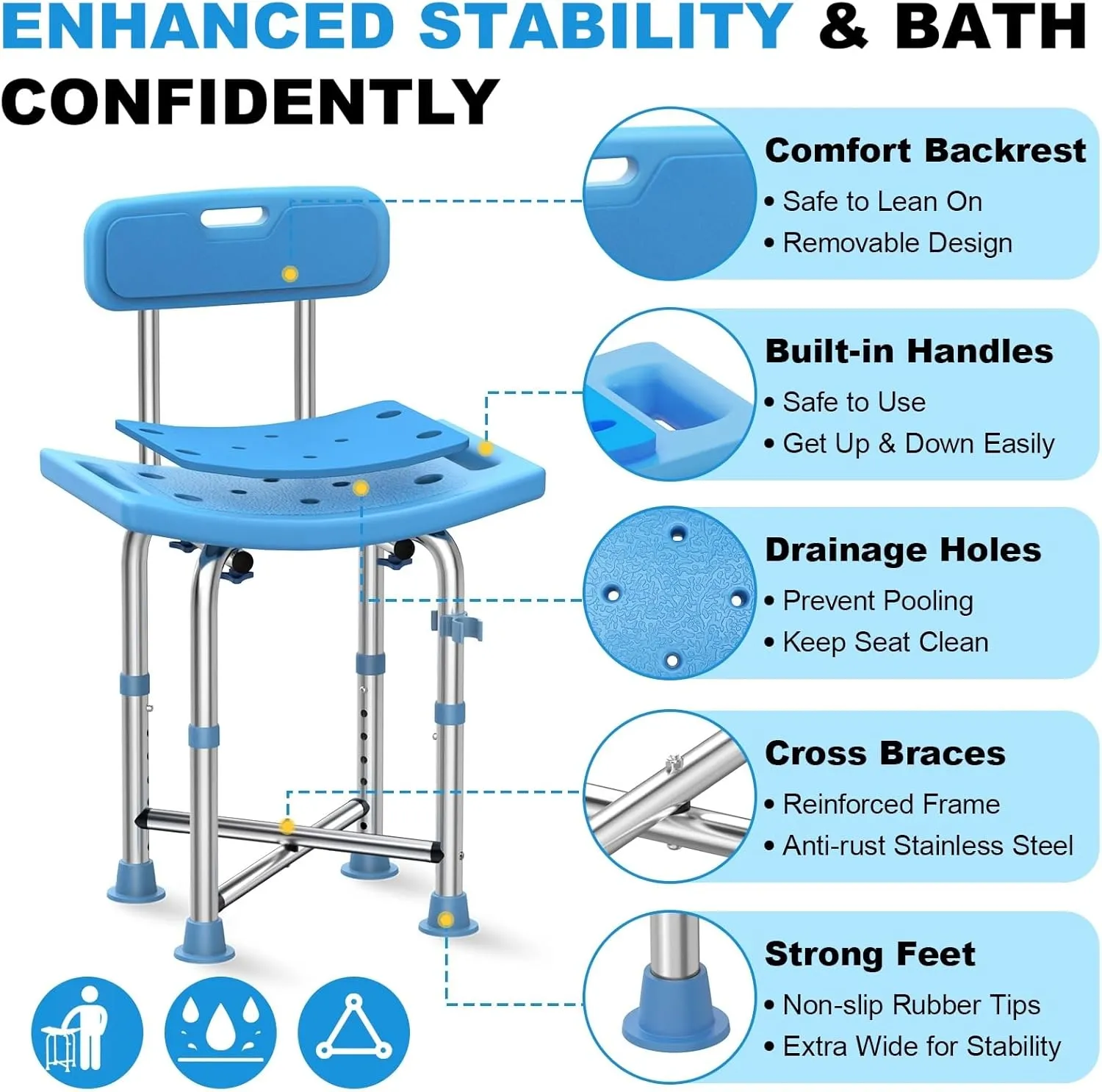 Shower Chair for Inside Shower, Crossbar Supports Bath Chair with Removable Back, Heavy Duty Padded Anti-Slip Shower Seat Adjustable Height Stool Bench for Elderly, Senior, Handicap & Disabled