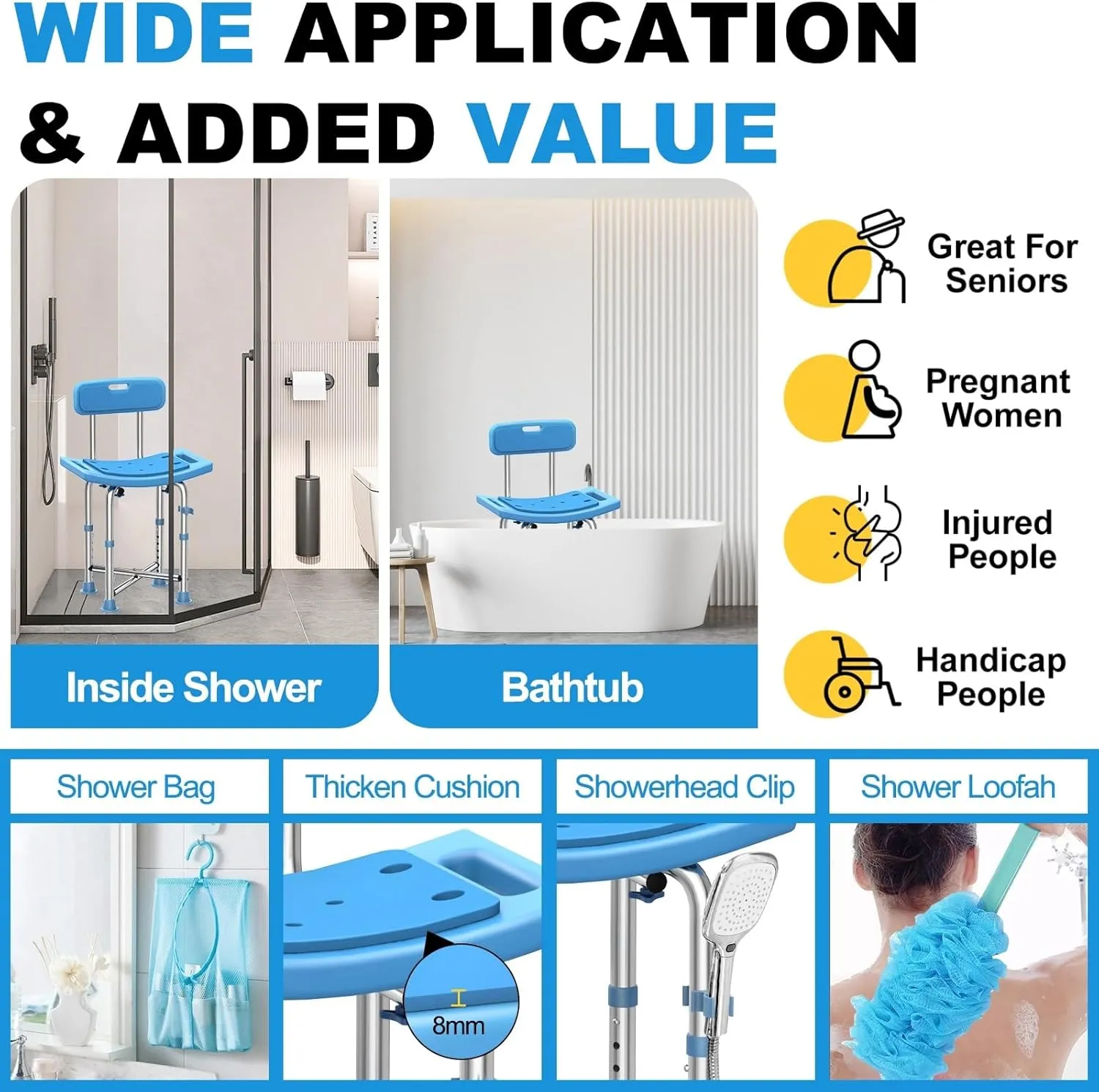 Shower Chair for Inside Shower, Crossbar Supports Bath Chair with Removable Back, Heavy Duty Padded Anti-Slip Shower Seat Adjustable Height Stool Bench for Elderly, Senior, Handicap & Disabled