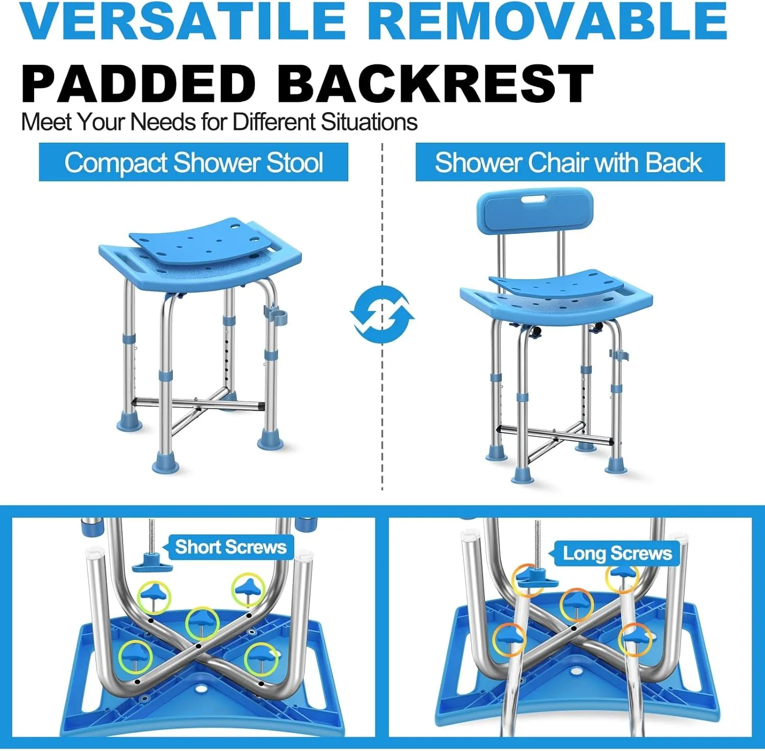 Shower Chair for Inside Shower, Crossbar Supports Bath Chair with Removable Back, Heavy Duty Padded Anti-Slip Shower Seat Adjustable Height Stool Bench for Elderly, Senior, Handicap & Disabled