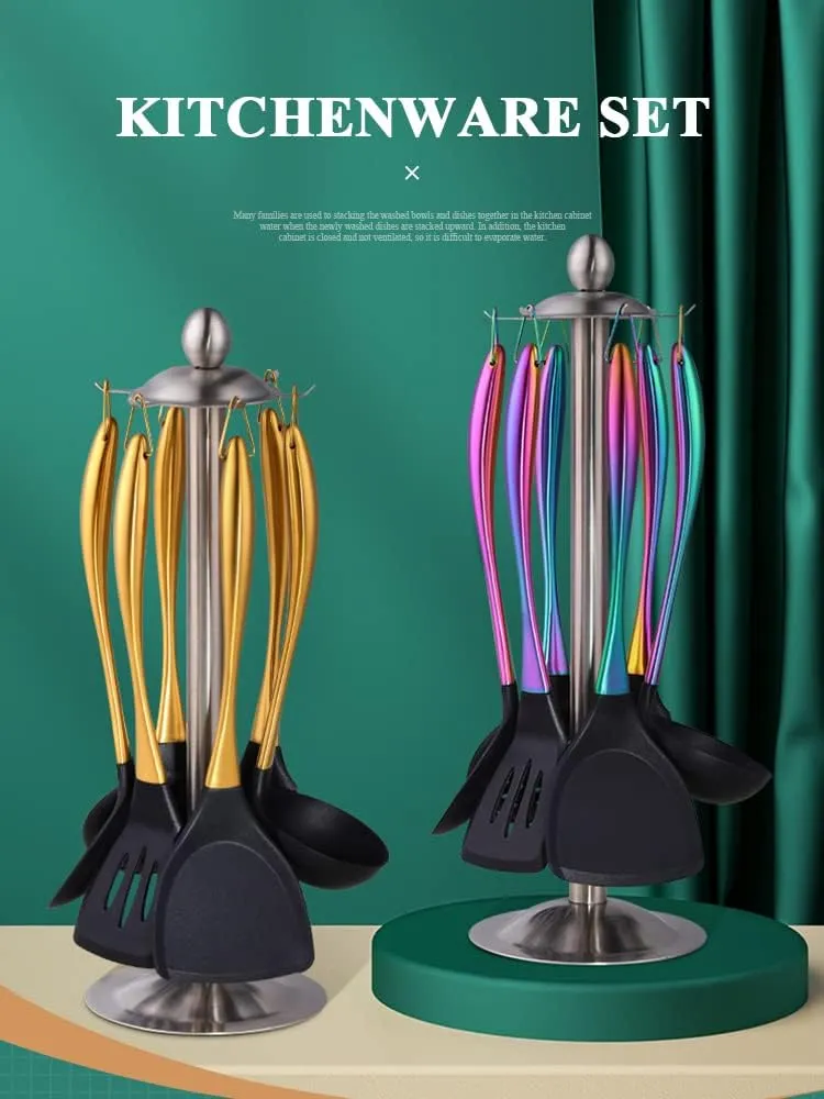 Silicone Cooking Utensil Set, 6 pcs Silicone Cooking Kitchen Utensils Set, Non-stick Kitchen Cookware Titanium Stainless Steel Handle with Utensil Holder, Spatula Set for Cooking -Gold