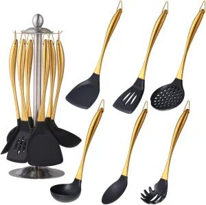 Silicone Cooking Utensil Set, 6 pcs Silicone Cooking Kitchen Utensils Set, Non-stick Kitchen Cookware Titanium Stainless Steel Handle with Utensil Holder, Spatula Set for Cooking -Gold