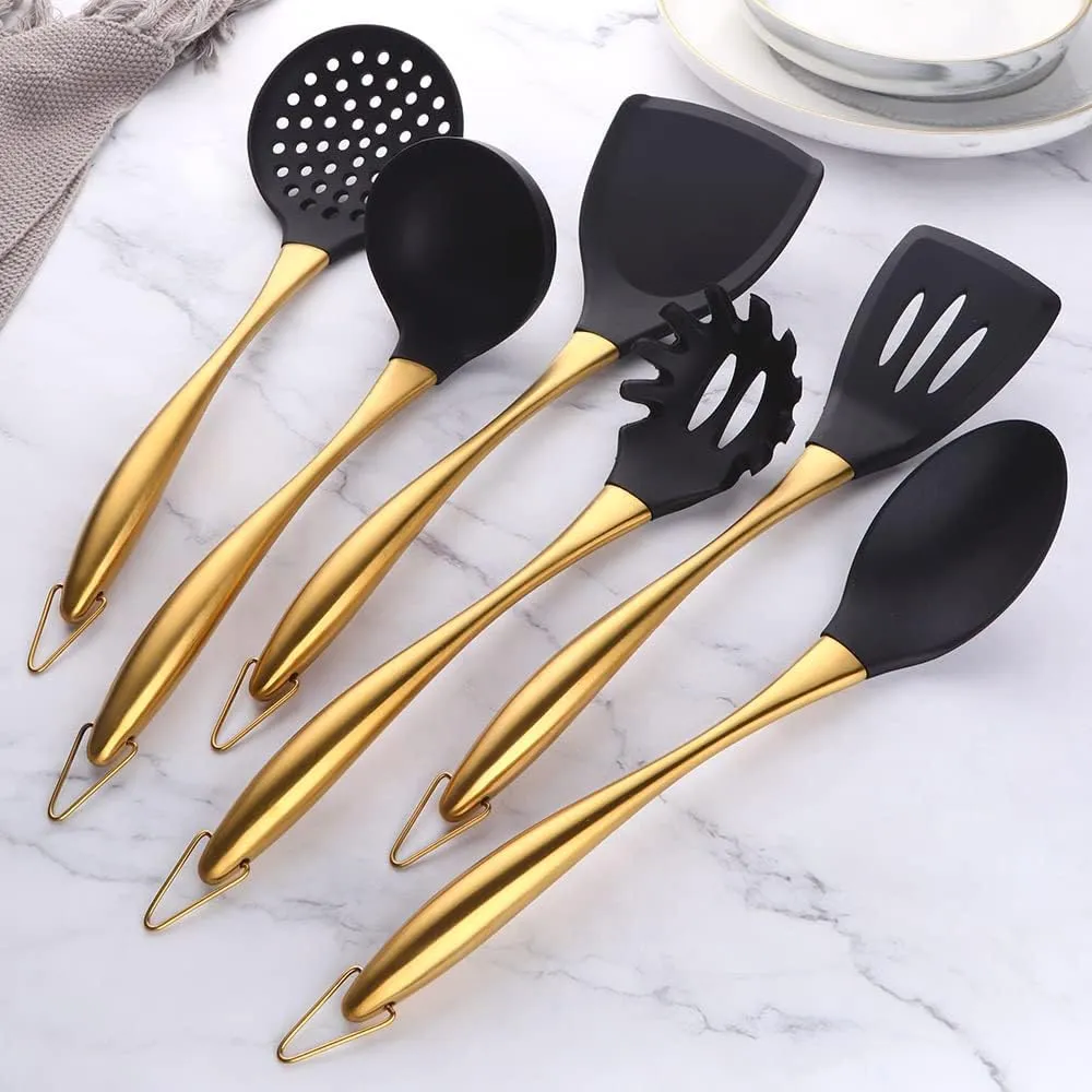 Silicone Cooking Utensil Set, 6 pcs Silicone Cooking Kitchen Utensils Set, Non-stick Kitchen Cookware Titanium Stainless Steel Handle with Utensil Holder, Spatula Set for Cooking -Gold