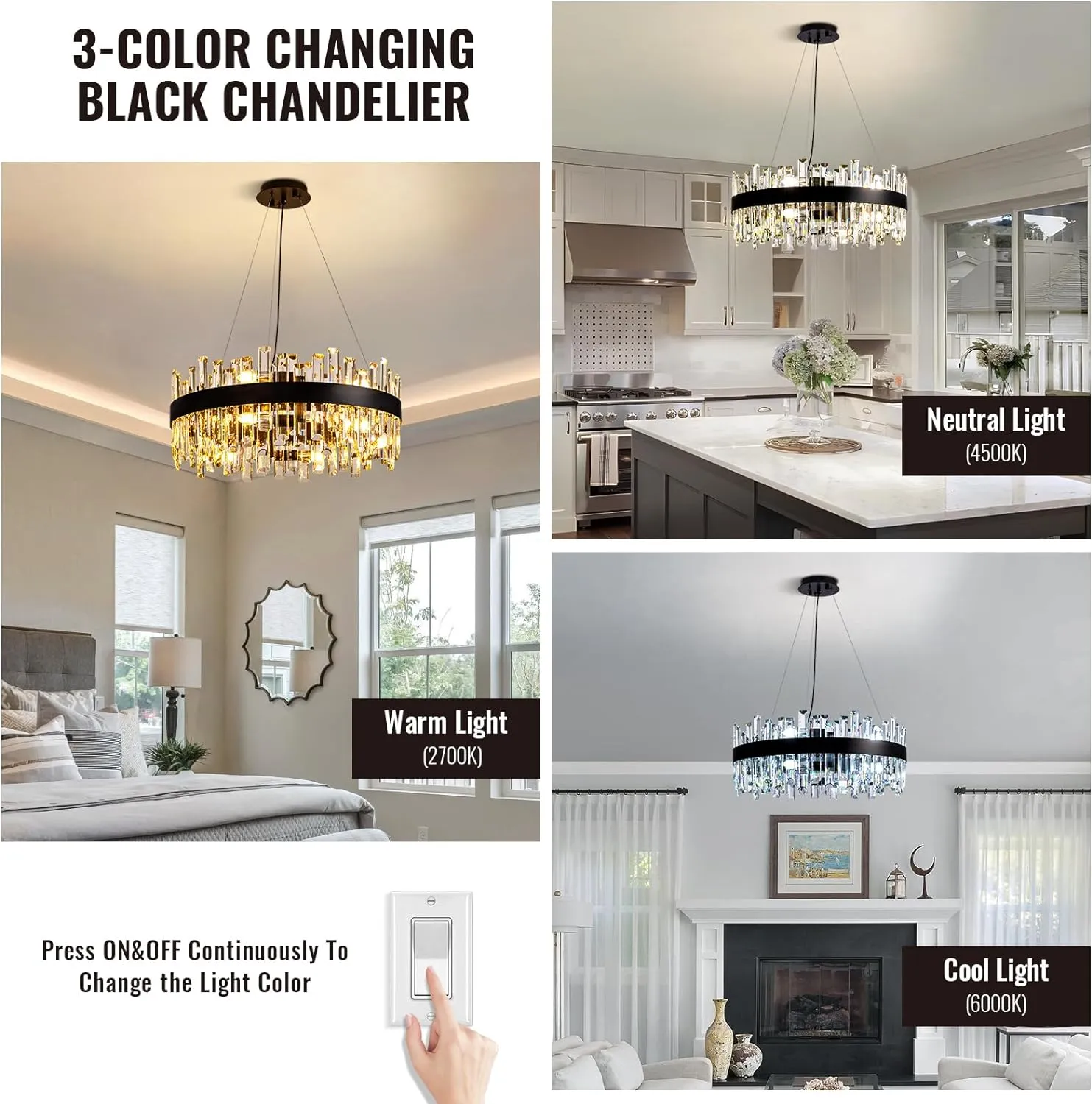 Siljoy 23.6'' Modern Crystal Chandelier, Luxury 2-Tiers Raindrop K9 Crystal Adjustable Flush Mount Hanging Ceiling Light for Dining Living Room Kitchen Entryway Foyer, E12 x 12, Matte Black