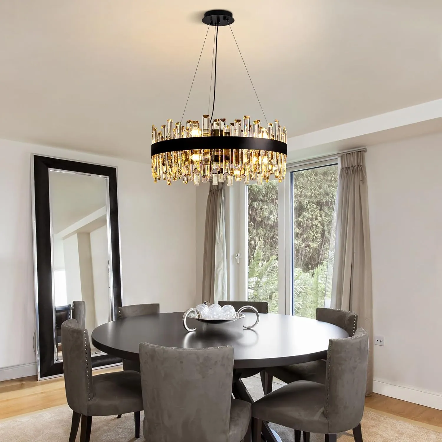 Siljoy 23.6'' Modern Crystal Chandelier, Luxury 2-Tiers Raindrop K9 Crystal Adjustable Flush Mount Hanging Ceiling Light for Dining Living Room Kitchen Entryway Foyer, E12 x 12, Matte Black