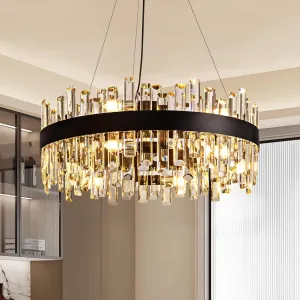 Siljoy 23.6'' Modern Crystal Chandelier, Luxury 2-Tiers Raindrop K9 Crystal Adjustable Flush Mount Hanging Ceiling Light for Dining Living Room Kitchen Entryway Foyer, E12 x 12, Matte Black