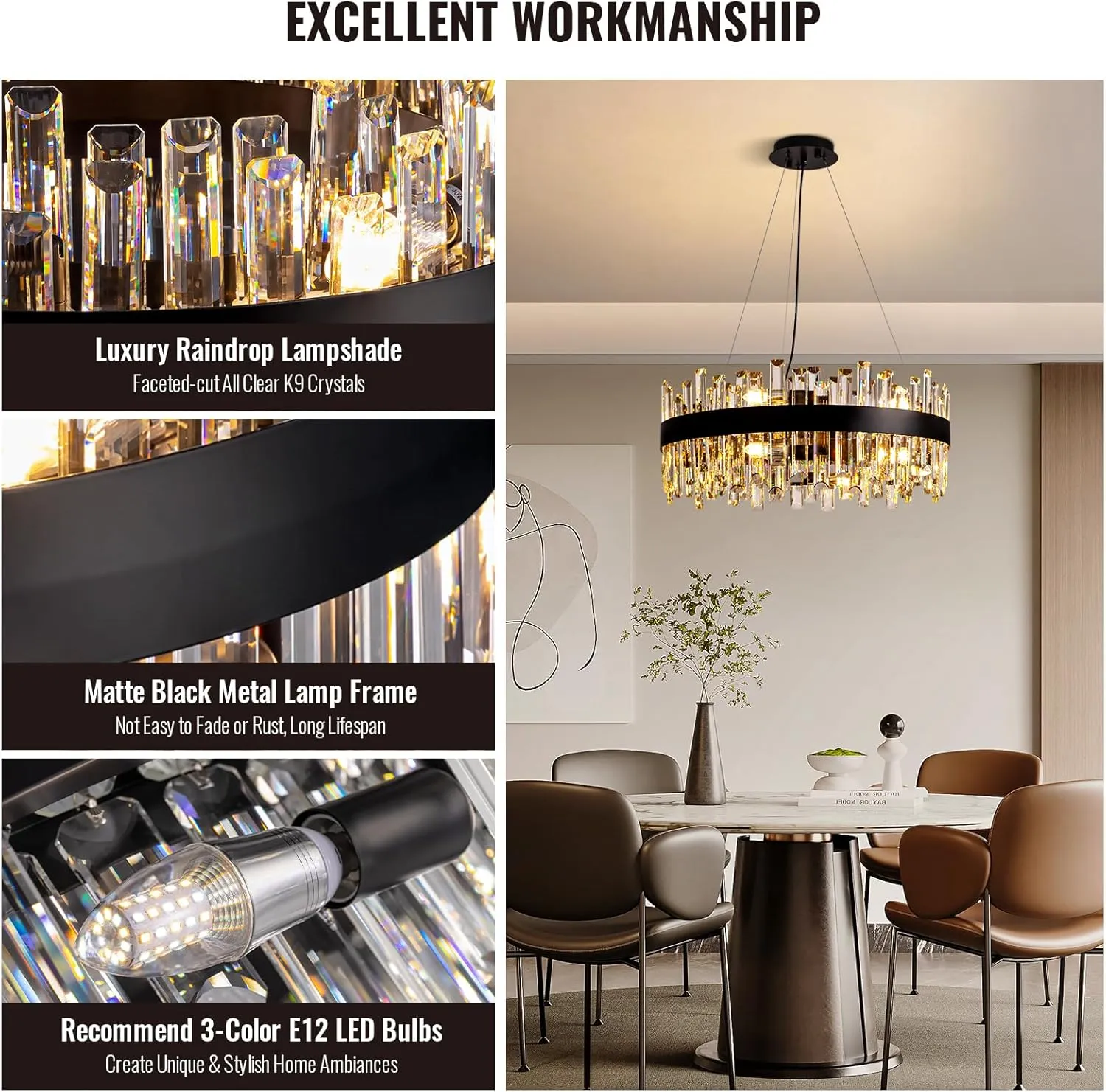 Siljoy 23.6'' Modern Crystal Chandelier, Luxury 2-Tiers Raindrop K9 Crystal Adjustable Flush Mount Hanging Ceiling Light for Dining Living Room Kitchen Entryway Foyer, E12 x 12, Matte Black