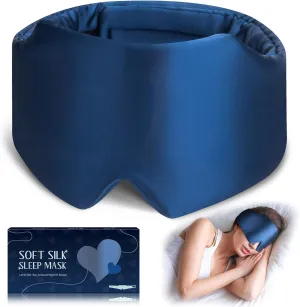 Silk Sleep Mask, Large Size Silk Eye Mask Face Hugging Padded Sleep Blindfold Silk Eye Cover with Adjustable Band for Total Blackout for All Night Sleep (Navy Blue)