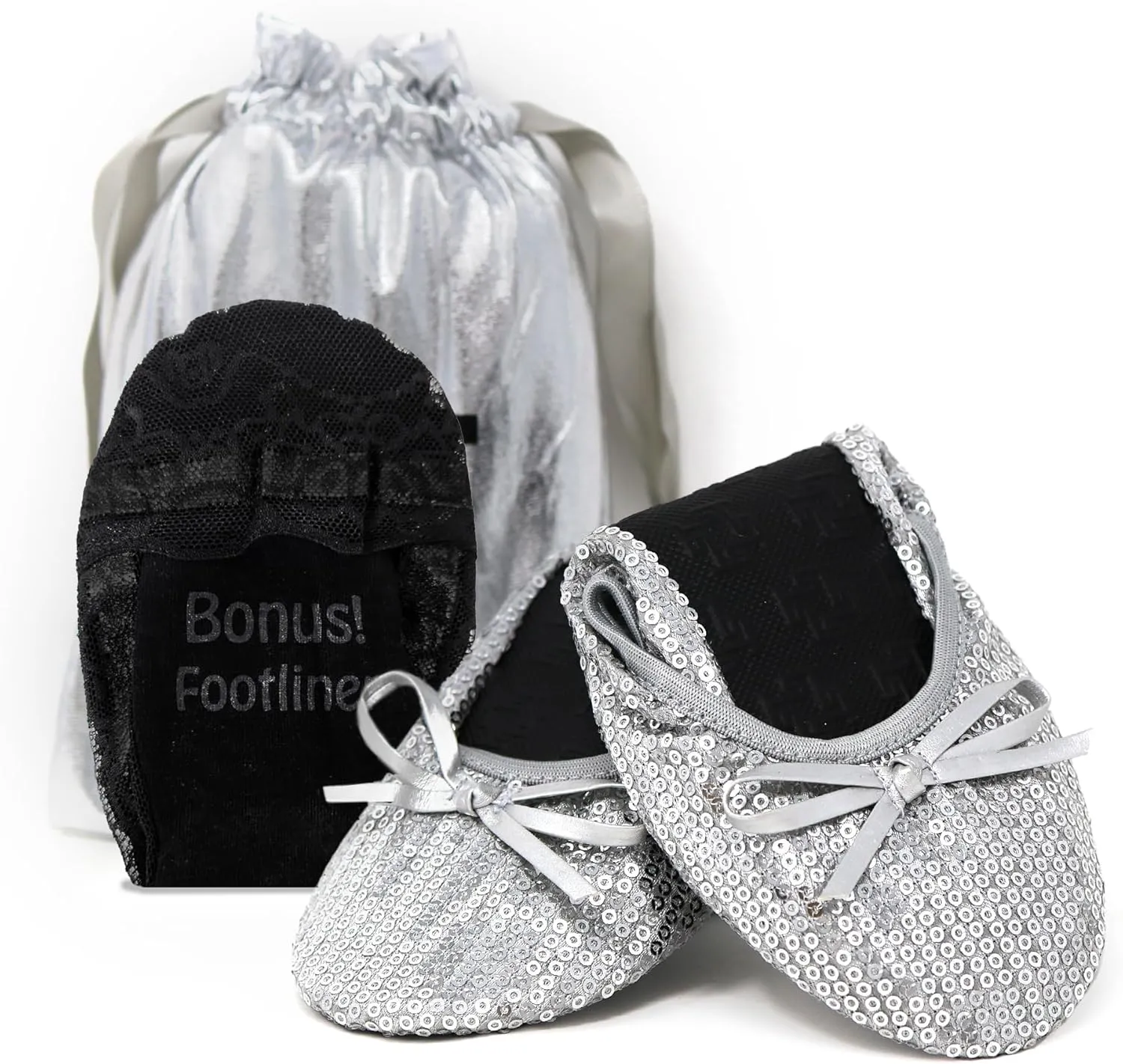 Silky Toes Women's Foldable Sequin Shoes Dressy Ballet Flats Roll Up Slipper Shoe with Matching Carrying Pouch