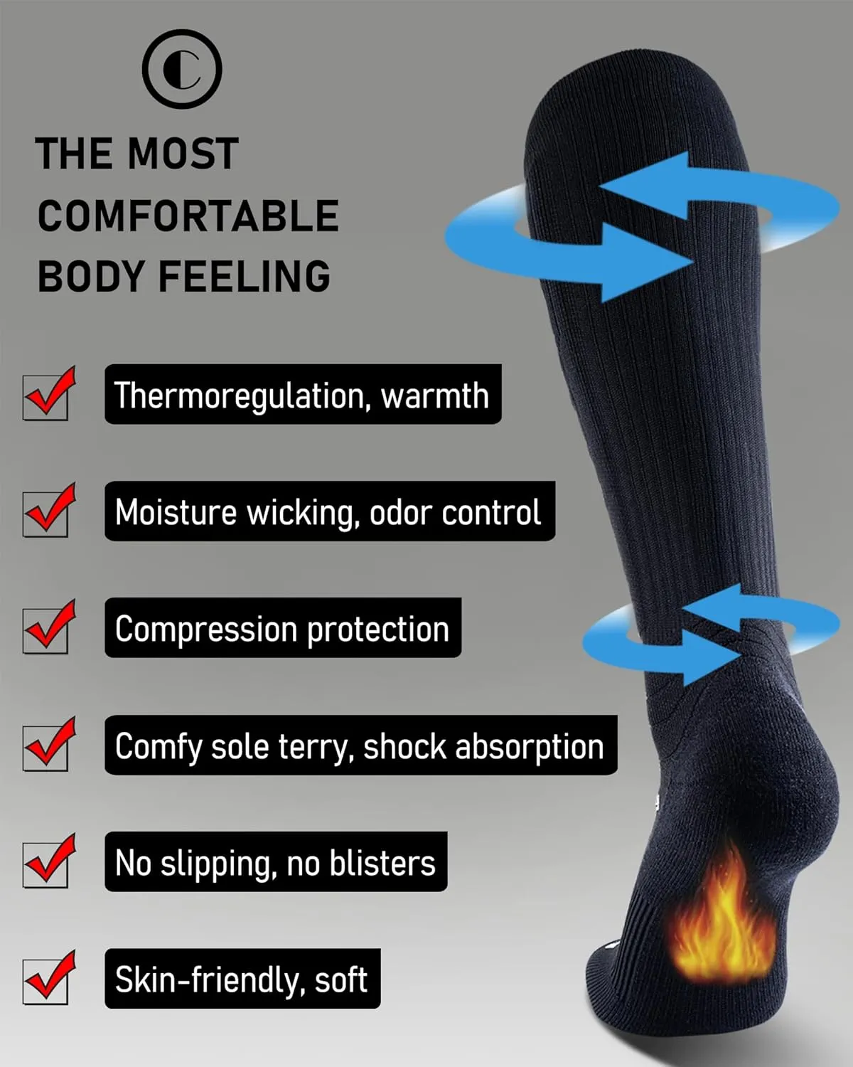 Ski Socks Merino Wool (Pack of 2) for Skiing, Snowboarding, Winter Warm