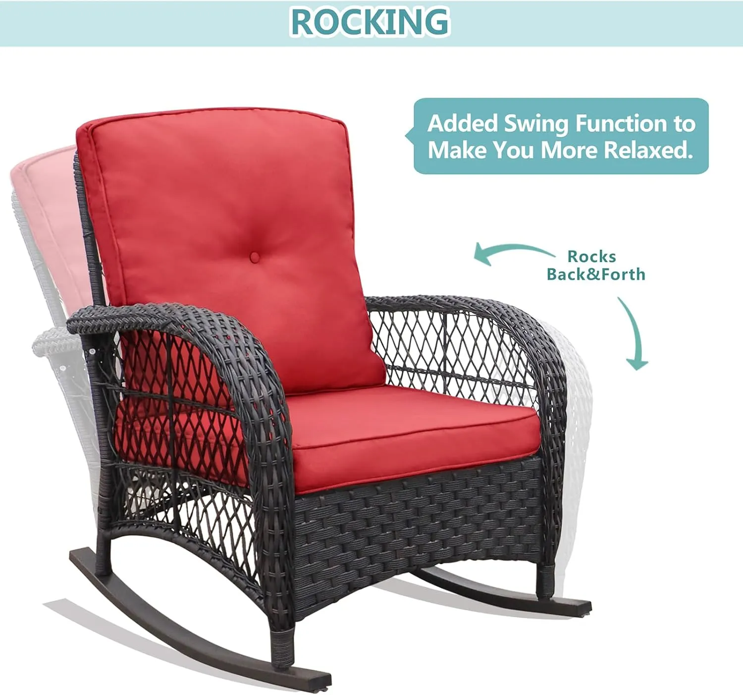 Skypatio Outdoor Wicker Rocking Chairs Set of 2 and Coffee Table, 3 Pieces Patio Bistro Furniture Set with Comfortable Cushions for Balcony, Porch, Backyard, Deck(Red)