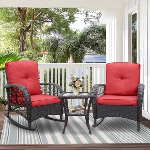 Skypatio Outdoor Wicker Rocking Chairs Set of 2 and Coffee Table, 3 Pieces Patio Bistro Furniture Set with Comfortable Cushions for Balcony, Porch, Backyard, Deck(Red)