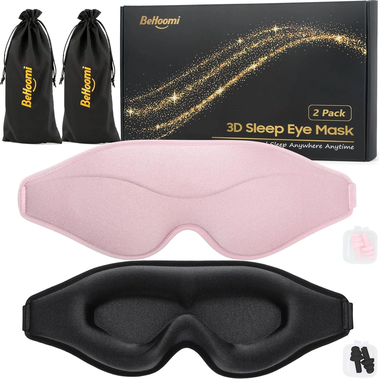 Sleep Mask, 2 Packs Premium Eye Mask for Sleeping, Total Blackout, Superior Soft Comfort, Upgraded 3D Ergonomic Designed Sleeping Mask for Home, Office, Travel, Meditation, Yoga, Black & Pink