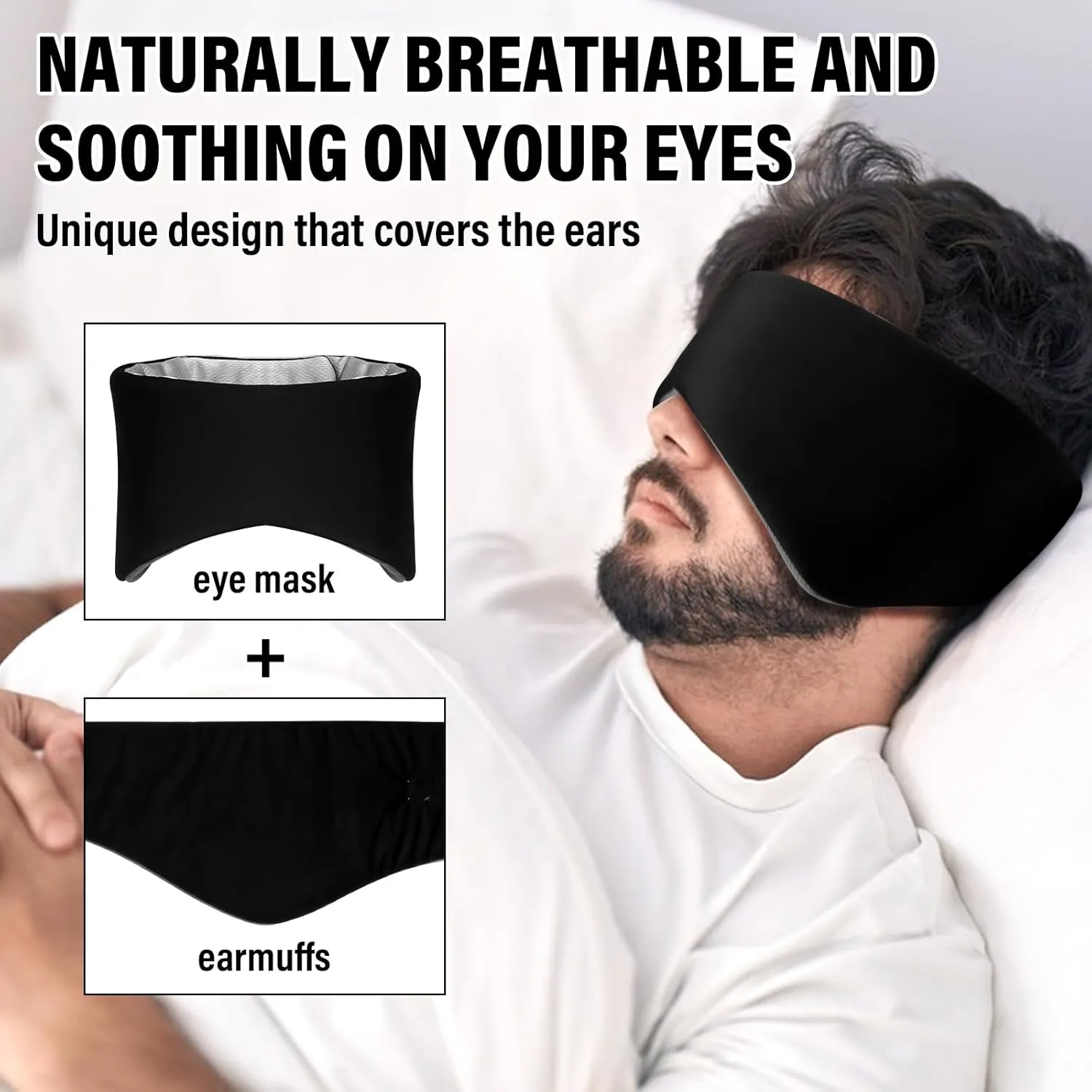 Sleep Mask, Eye Mask for Sleeping with Heads Adjustable, Earmuffs for Sleep for Men & Women, 2 in 1 Ear Mask and Blindfold, Soft Dual-Sided All-Season Eye Cover for Side Sleepers (Black)