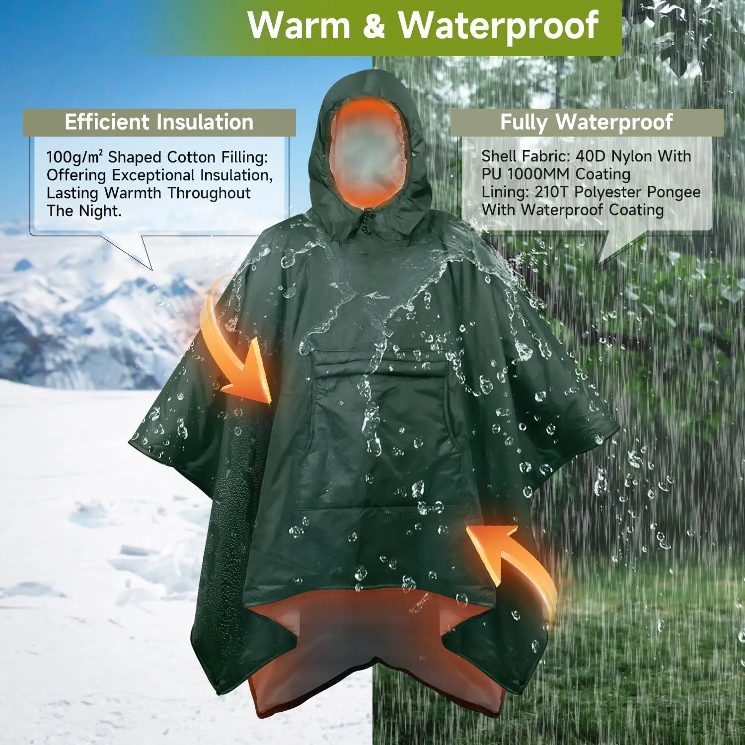 Sleeping Bag for Adult, Wearable Blanket Insulated Poncho Hooded, Sleepingbag Quilt for Winter Camping Hiking Sports