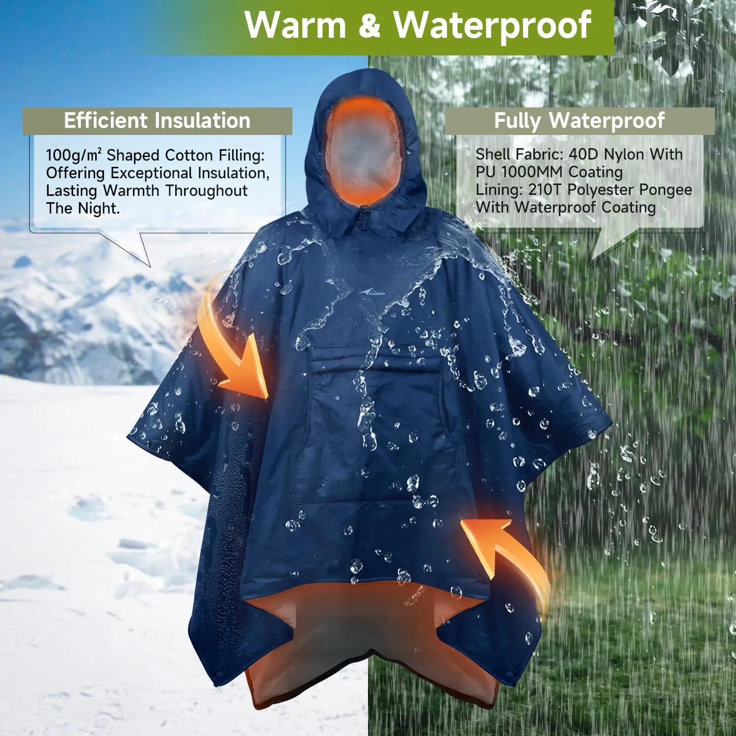 Sleeping Bag for Adult, Wearable Blanket Insulated Poncho Hooded, Sleepingbag Quilt for Winter Camping Hiking Sports