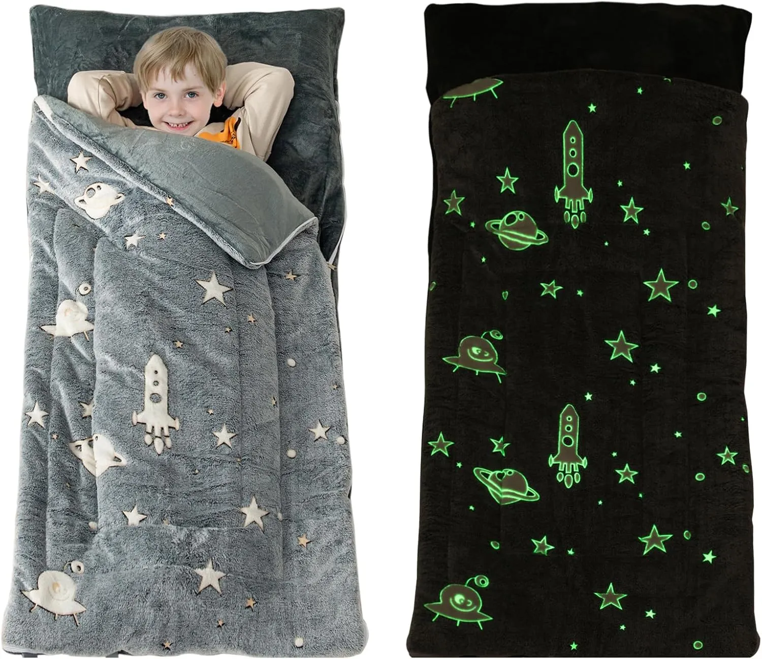Sleeping Bag for Kids Toddler Nap Mat 63" x 30" Toddler Slumber Bag Glow in The Dark Blanket Fluffy with Padded Mat for Boys, Girls,Grey Space/Pink Unicorn/Rainbow Unicorn