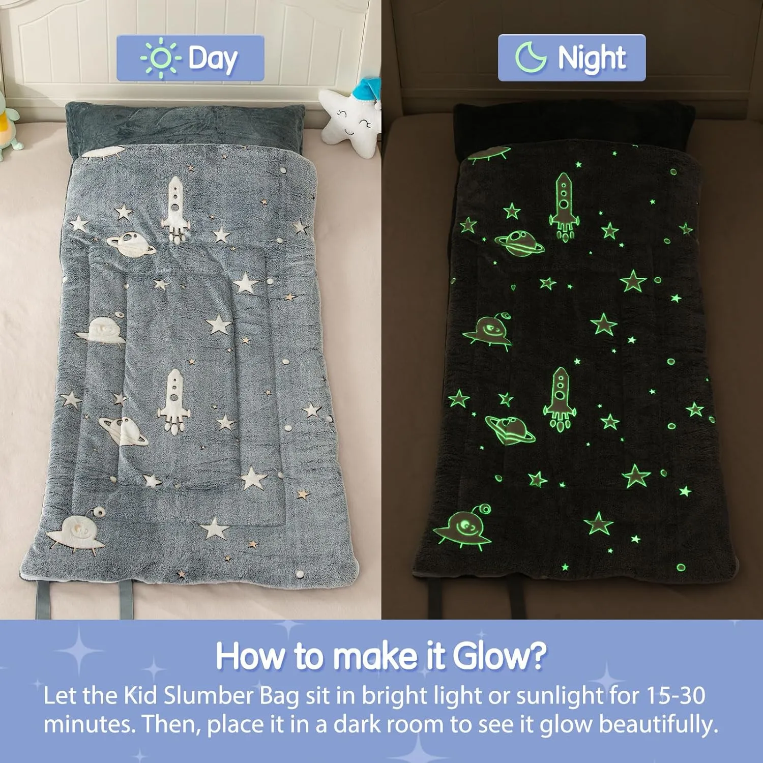 Sleeping Bag for Kids Toddler Nap Mat 63" x 30" Toddler Slumber Bag Glow in The Dark Blanket Fluffy with Padded Mat for Boys, Girls,Grey Space/Pink Unicorn/Rainbow Unicorn
