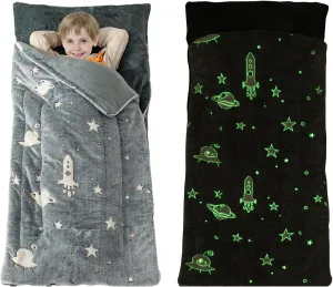 Sleeping Bag for Kids Toddler Nap Mat 63" x 30" Toddler Slumber Bag Glow in The Dark Blanket Fluffy with Padded Mat for Boys, Girls,Grey Space/Pink Unicorn/Rainbow Unicorn