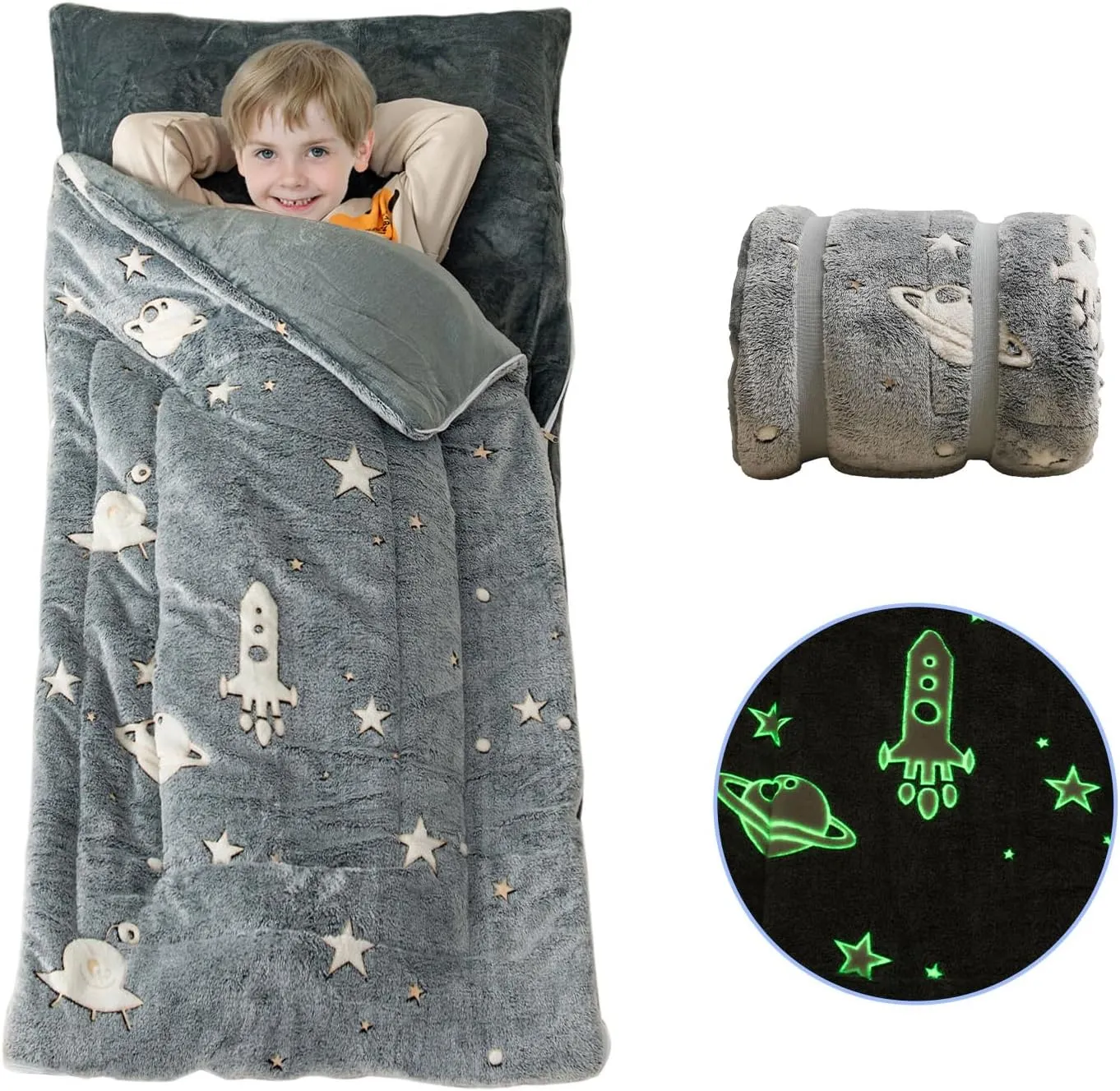 Sleeping Bag for Kids Toddler Nap Mat 63" x 30" Toddler Slumber Bag Glow in The Dark Blanket Fluffy with Padded Mat for Boys, Girls,Grey Space/Pink Unicorn/Rainbow Unicorn
