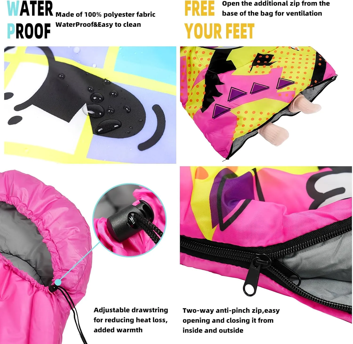 Sleeping Bag for Kids,Portable Camping Sleeping Bags for Boys&Girls with Cute Cartoon Print,Lightweight Waterproof Compact Sleeping Bag for Indoor Outdoor Hiking Travel