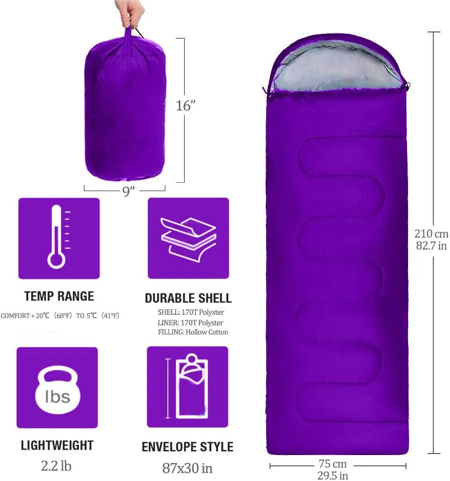 Sleeping Bag, Lightweight 3 Season Weather Sleep Bags for Kids Adults Girls Women, Microfiber Filled 5-20 Degree for Backpacking/Hiking/Camping/Mountaineering with Compression Sack